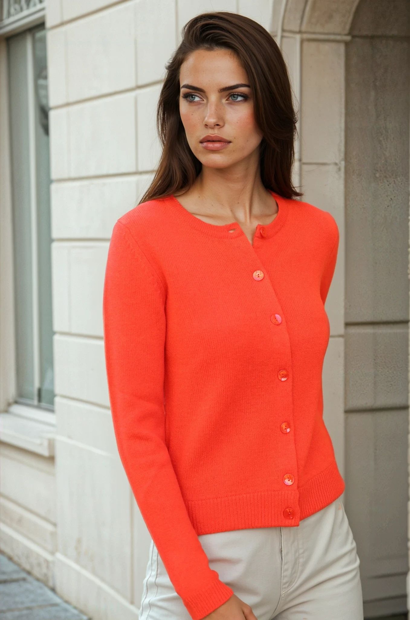 Gilet Charlie à boutons Col Rond en laine et cachemire - Orange-PULL FEMME-Curling-Paris