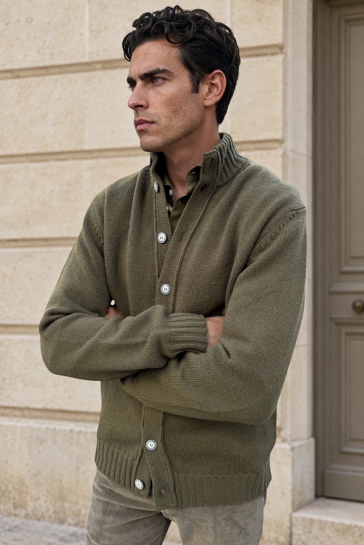 Gilet Lucas en grosse maille laine & cachemire – Kaki-PULL HOMME-Curling-Paris