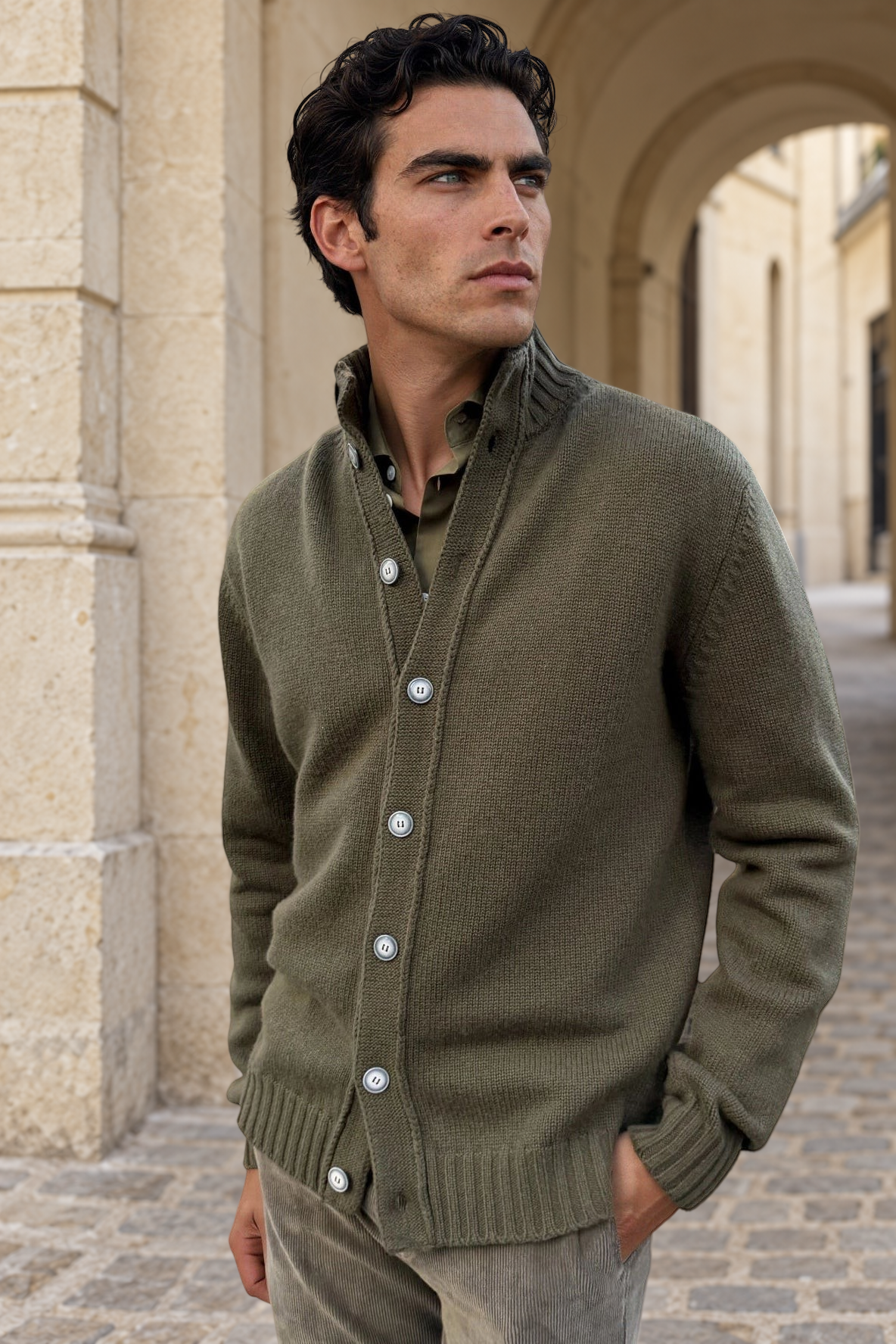 Gilet Lucas en grosse maille laine & cachemire – Kaki-PULL HOMME-Curling-Paris