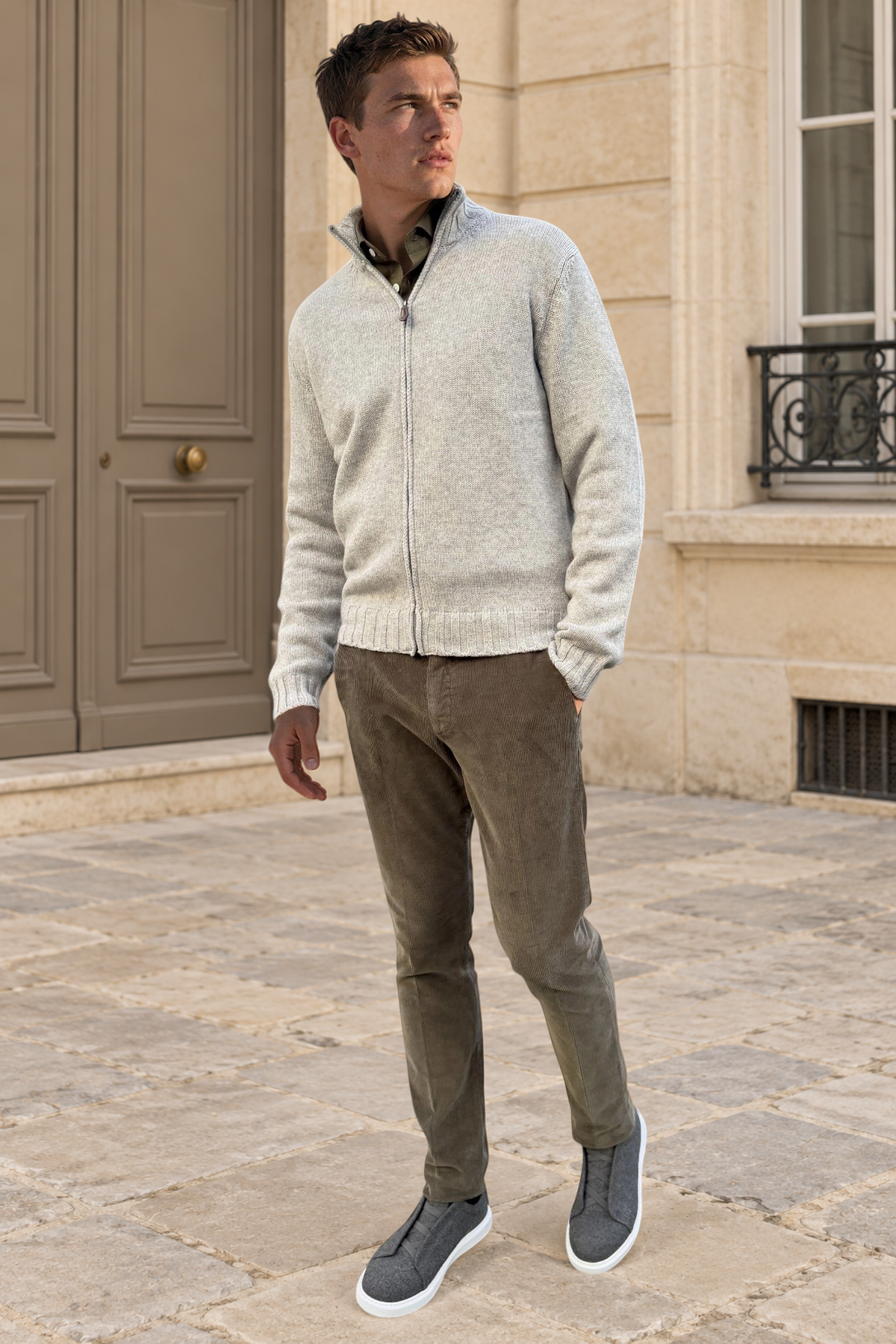 Gilet Renato zippé en laine & cachemire – Gris clair-PULL HOMME-Curling-Paris