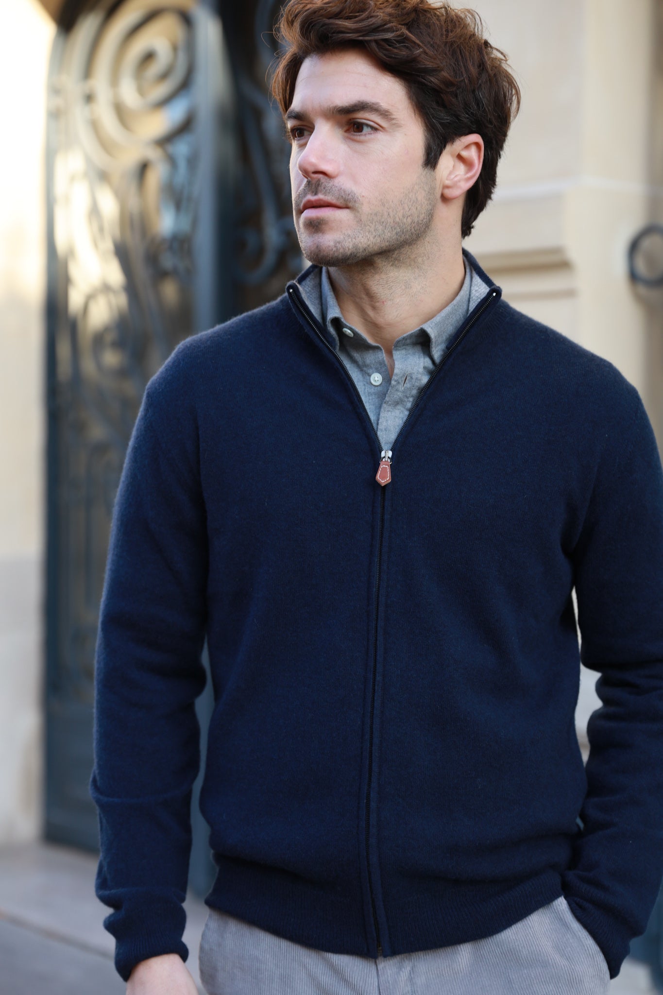 Gilet Tony zippé 100% cachemire - Marine-PULL HOMME-Curling-Paris