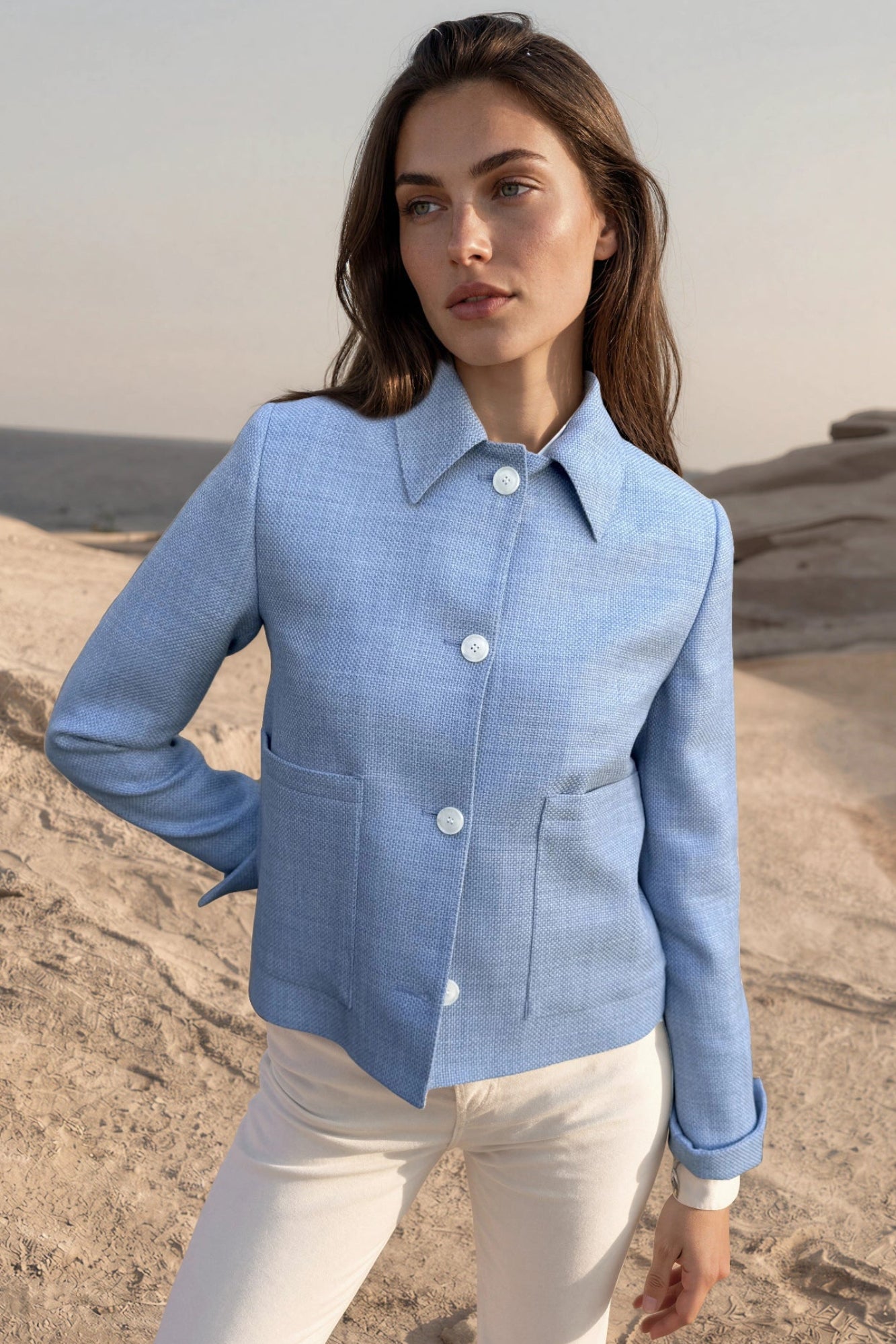 Veste Ysee en laine vierge nattée - Ciel