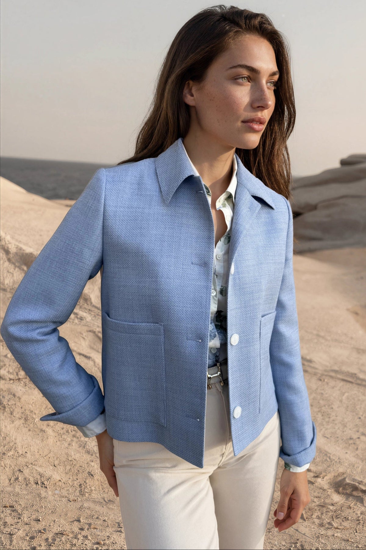 Veste Ysee en laine vierge nattée - Ciel