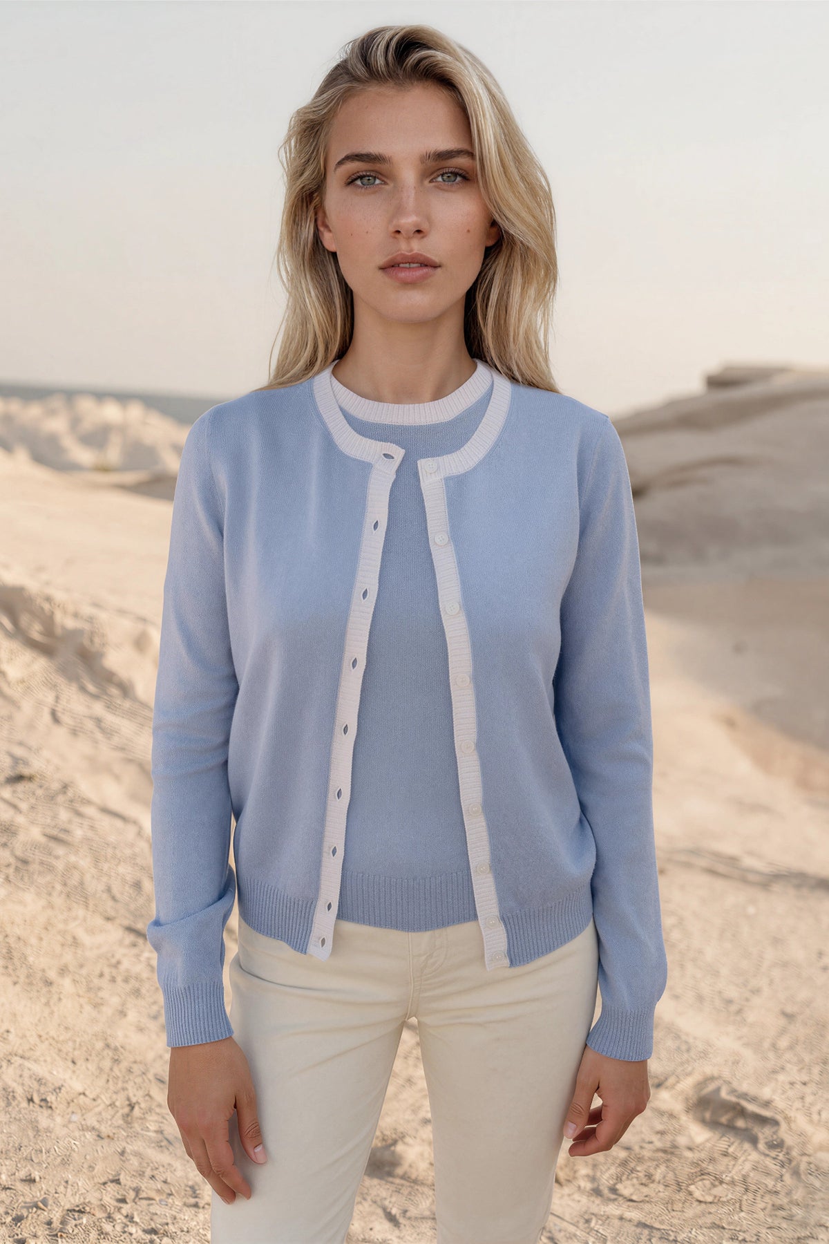 Gilet Adam col rond en laine & cachemire - Ciel