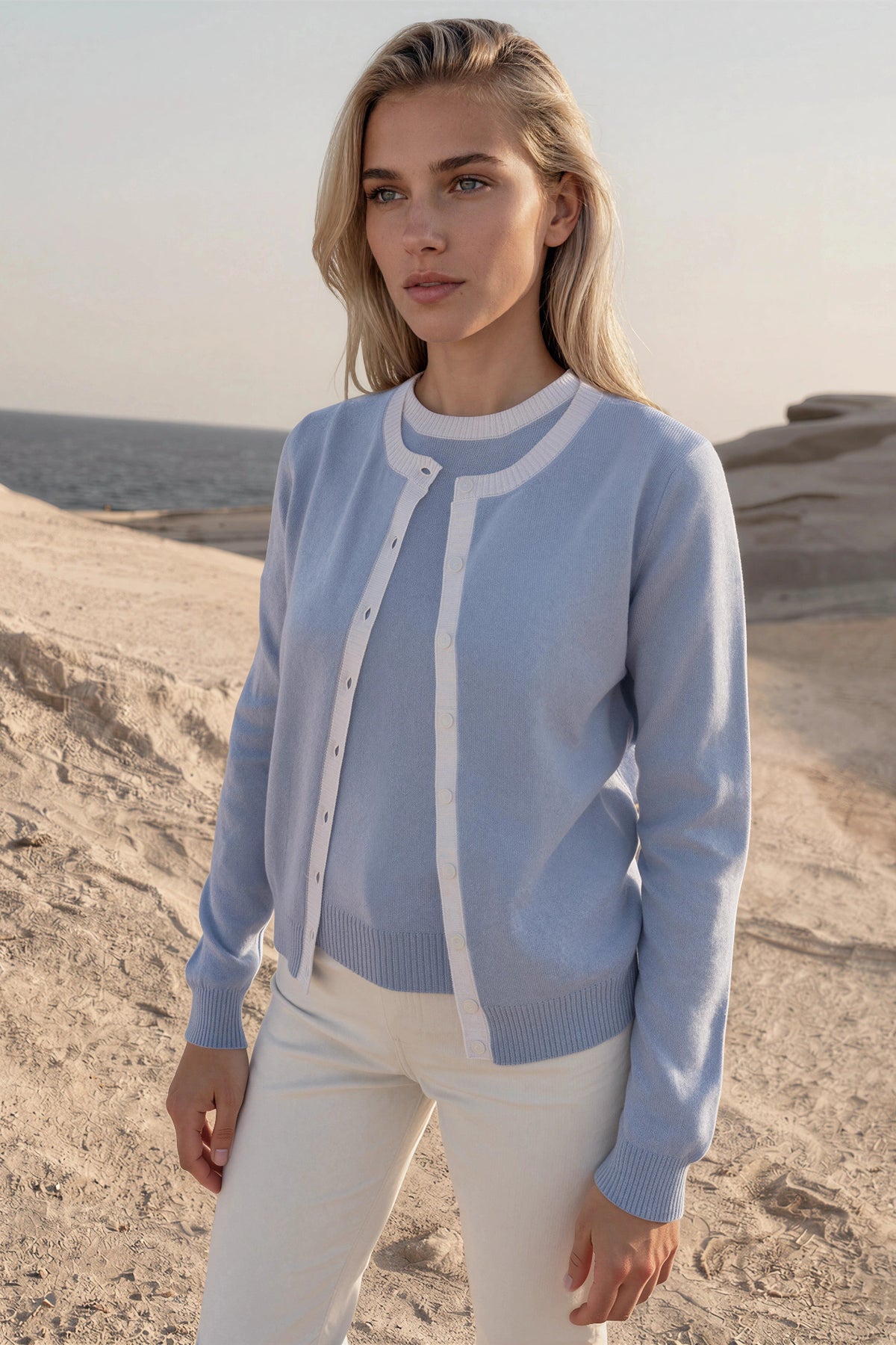 Gilet Adam col rond en laine & cachemire - Ciel