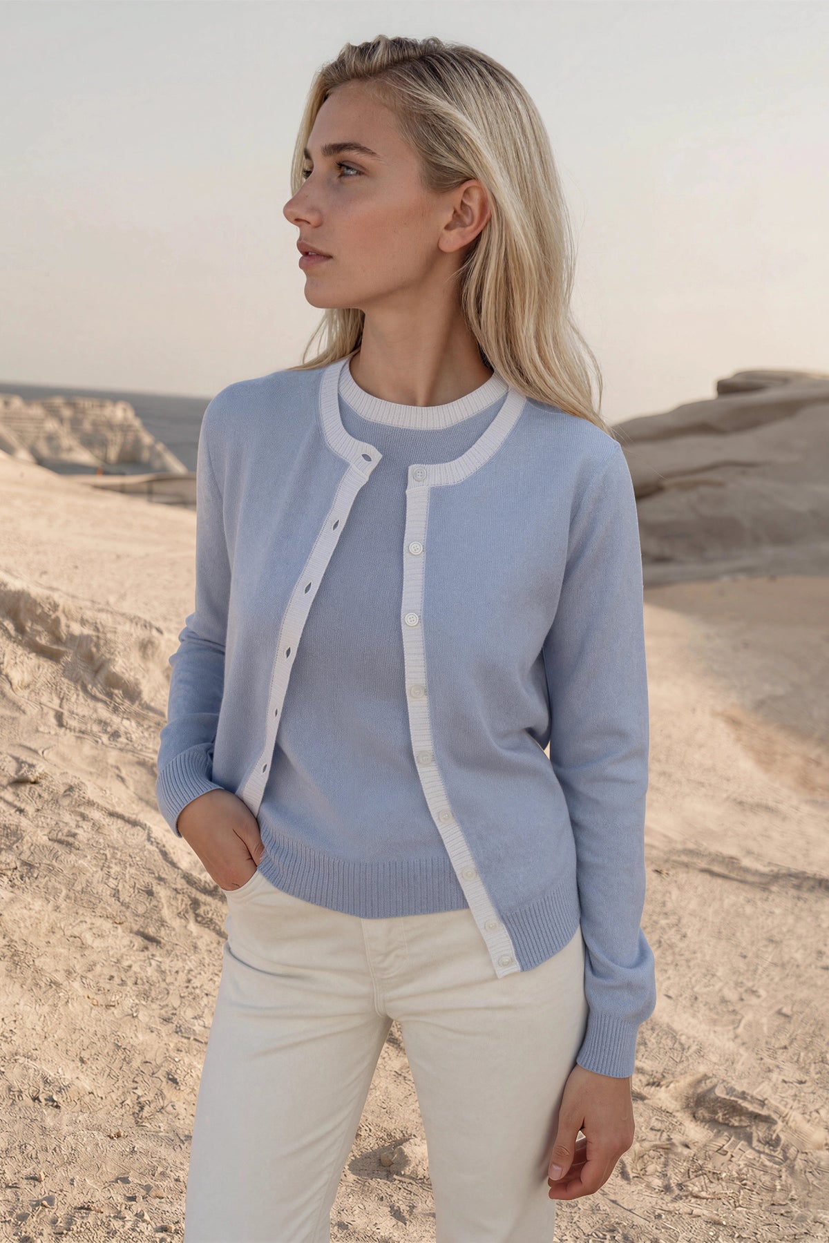Gilet Adam col rond en laine & cachemire - Ciel