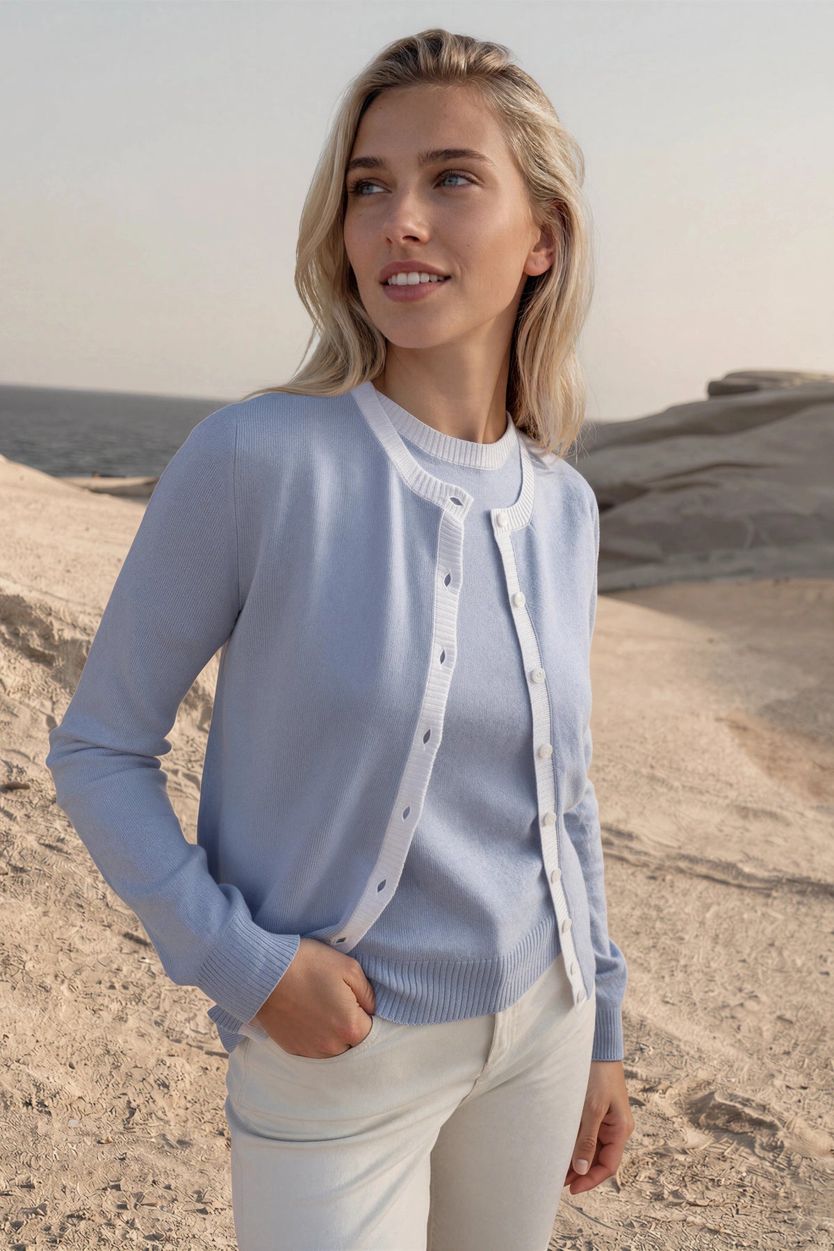 Gilet Adam col rond en laine & cachemire - Ciel