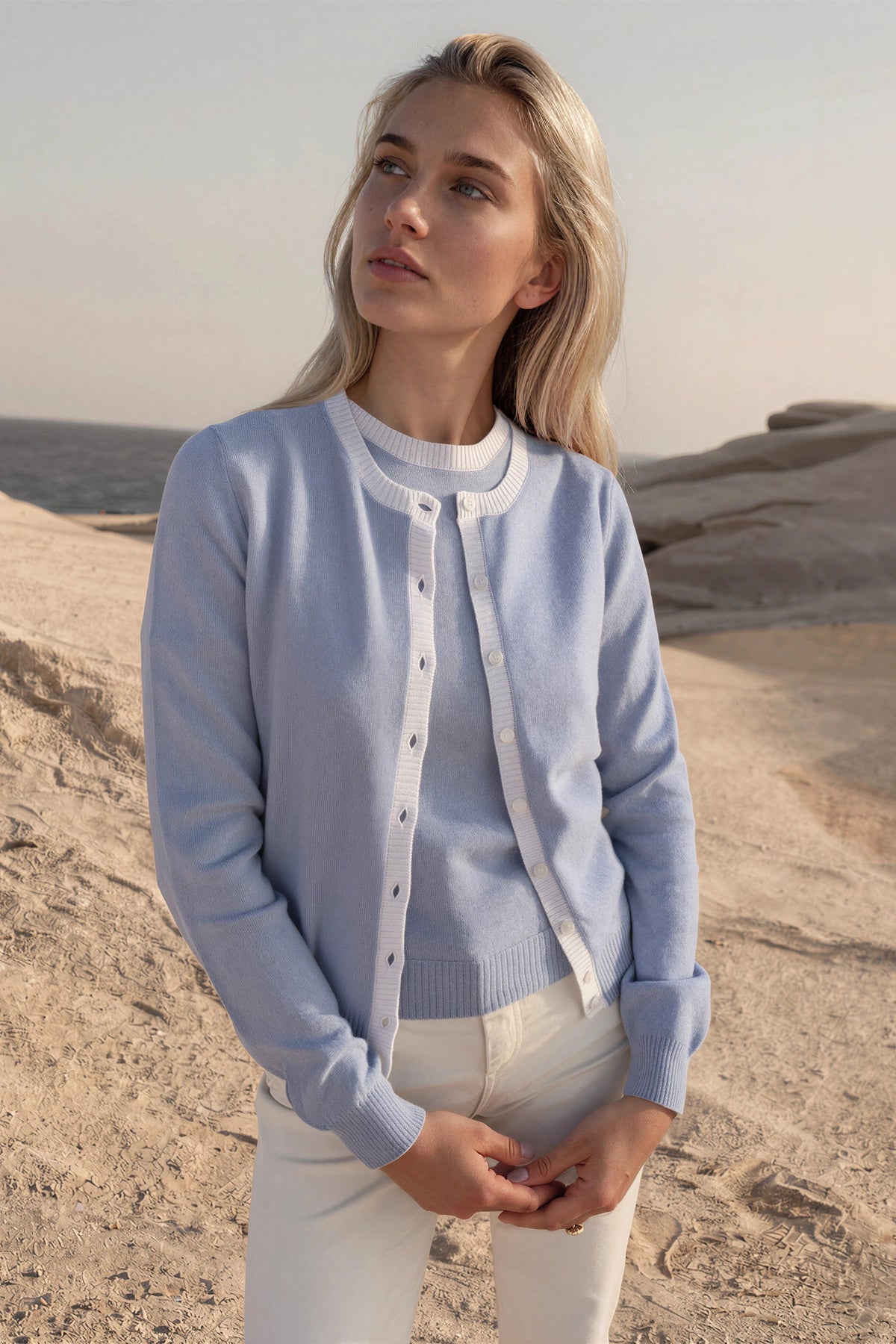Gilet Adam col rond en laine & cachemire - Ciel