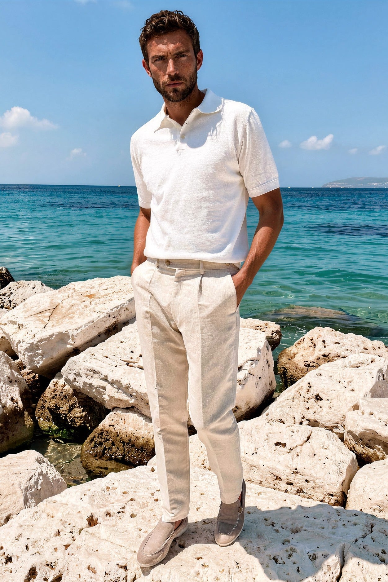 Pantalon à pinces Henri en lin et coton - Beige clair
