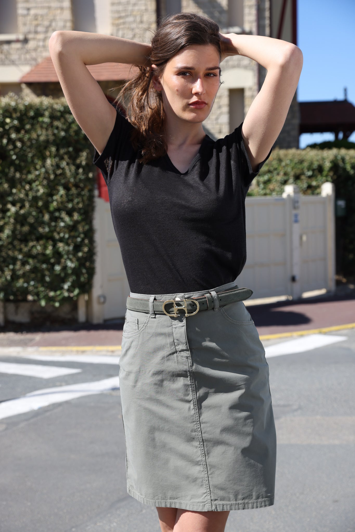 Jupe Marie en popeline de coton stretch - Kaki-JUPE FEMME-Curling-Paris