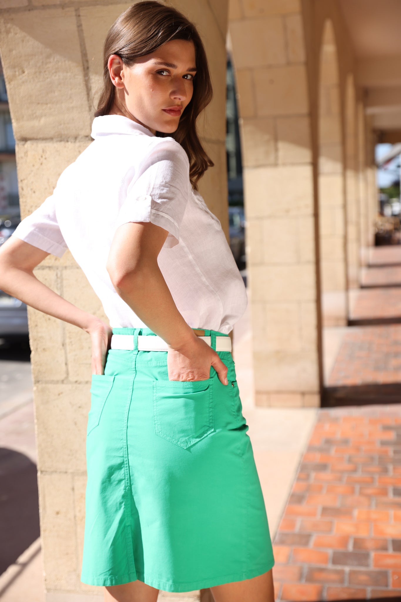 Jupe Marie en popeline de coton stretch - Vert-JUPE FEMME-Curling-Paris