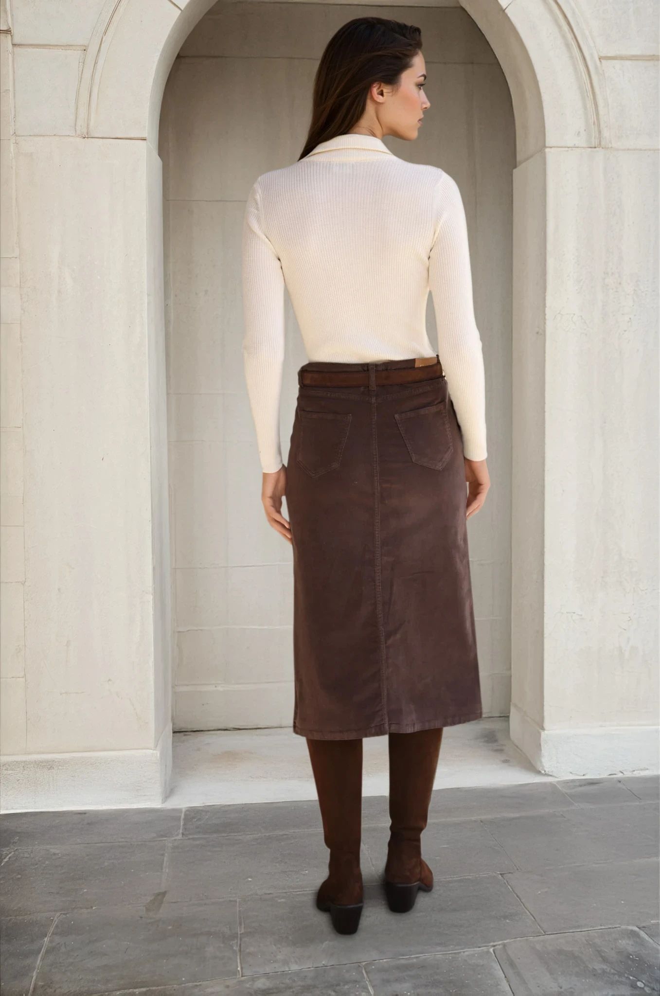 Jupe longue Aubane stretch en velours milleraies - Marron-JUPE FEMME-Curling-Paris