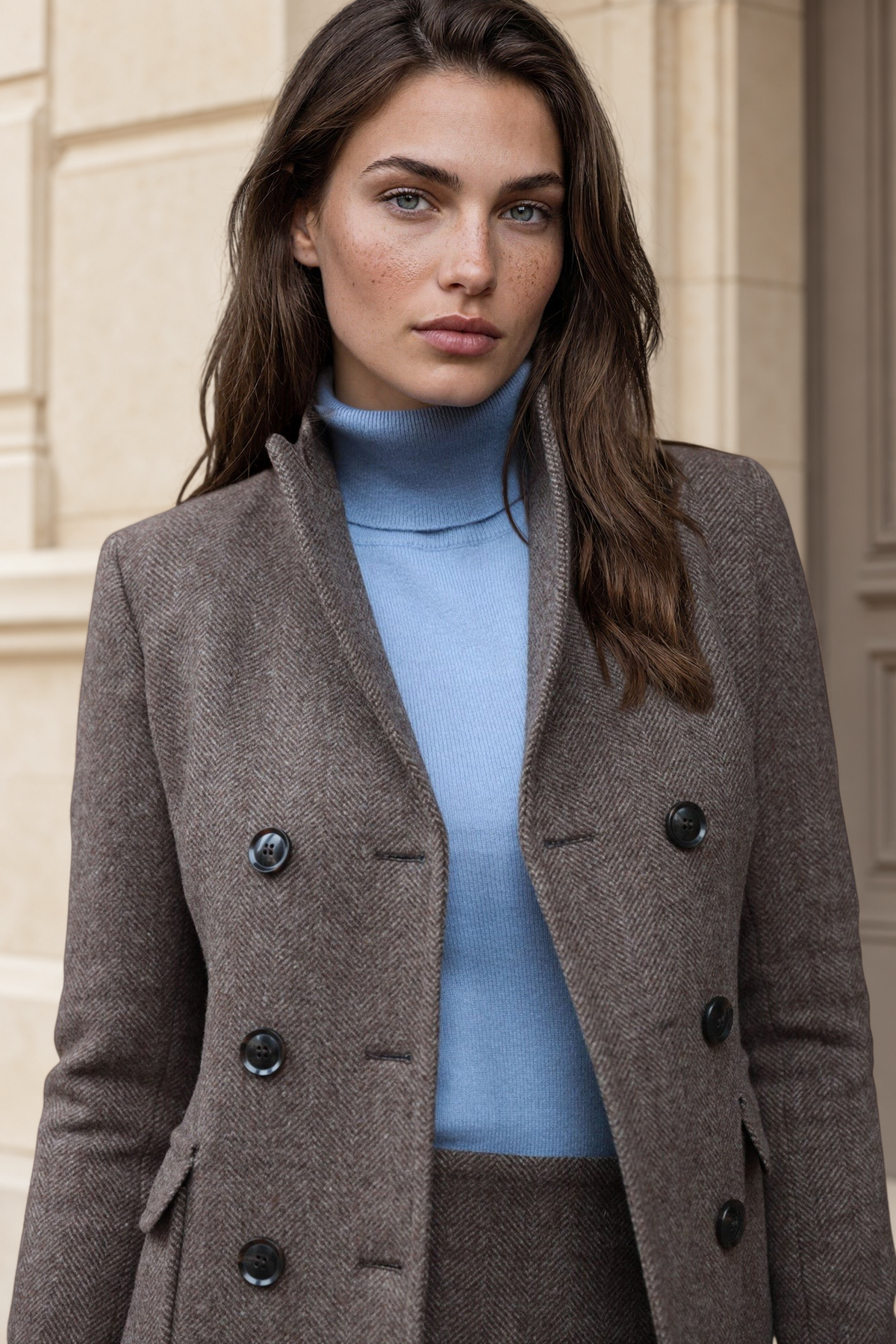Manteau Emilie croisé en laine - Chevron Marron-MANTEAU FEMME-Curling-Paris