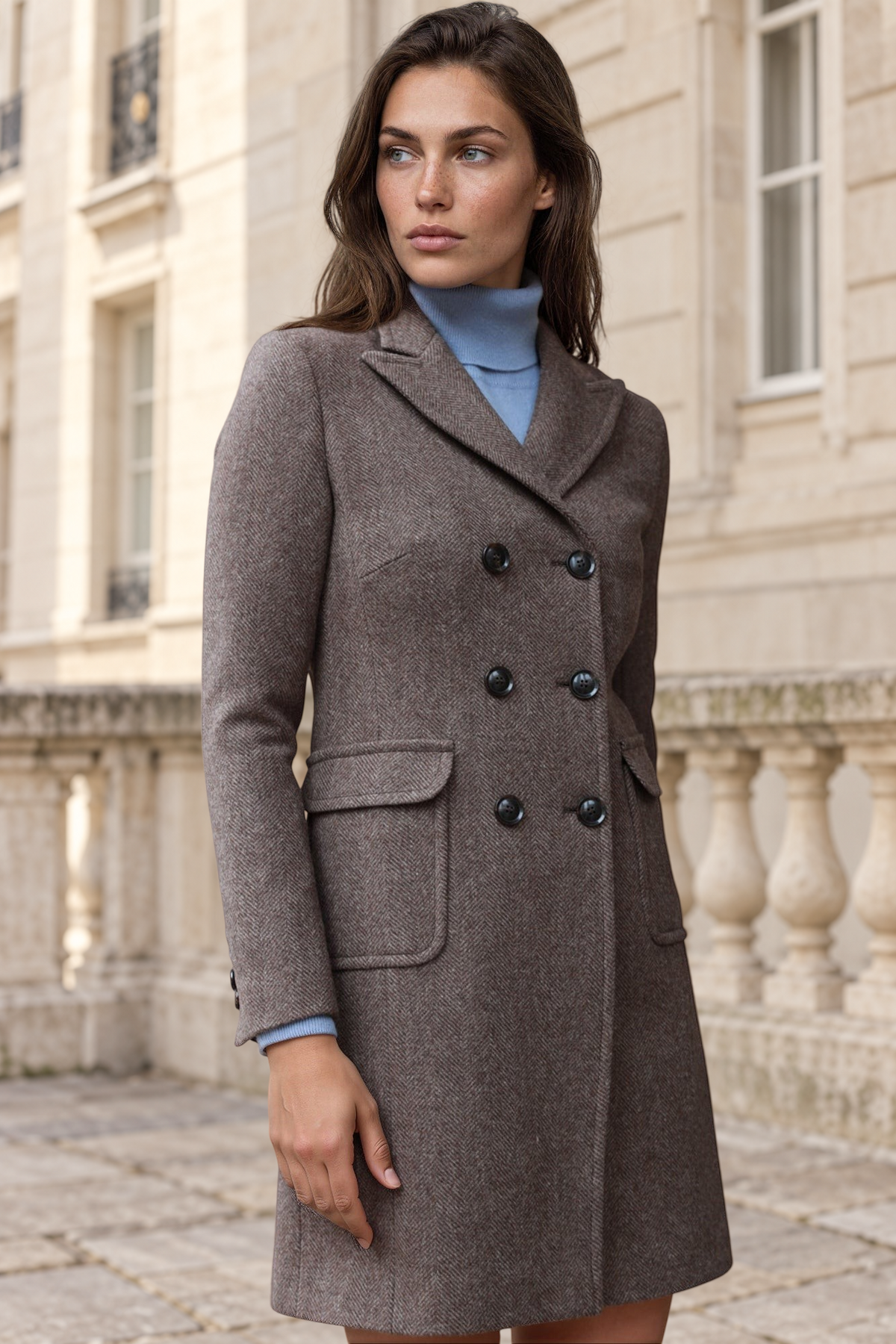 Manteau Emilie croisé en laine - Chevron Marron-MANTEAU FEMME-Curling-Paris