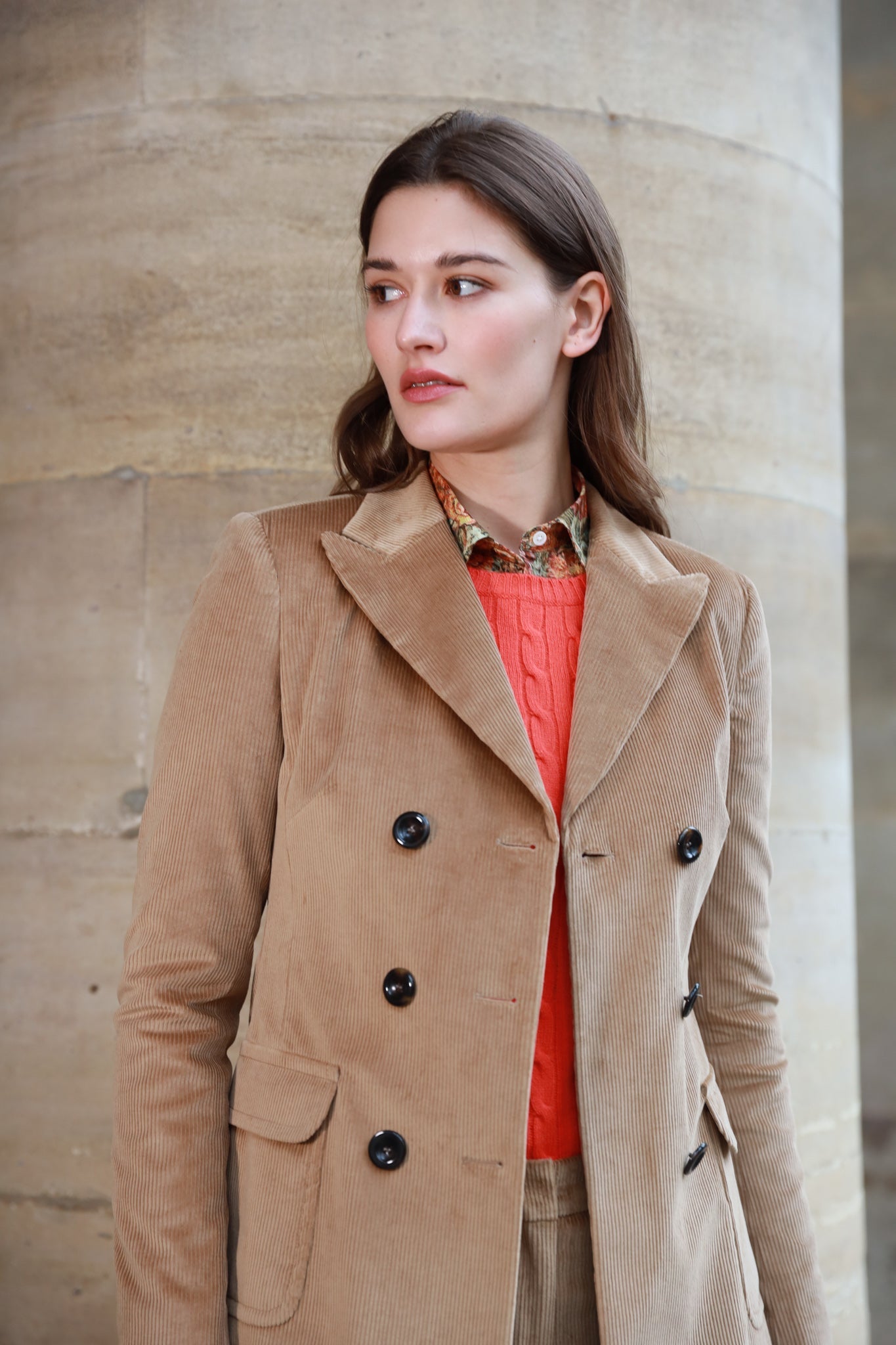 Manteau Emilie croisé en velours côtelé - Camel-MANTEAU FEMME-Curling-Paris