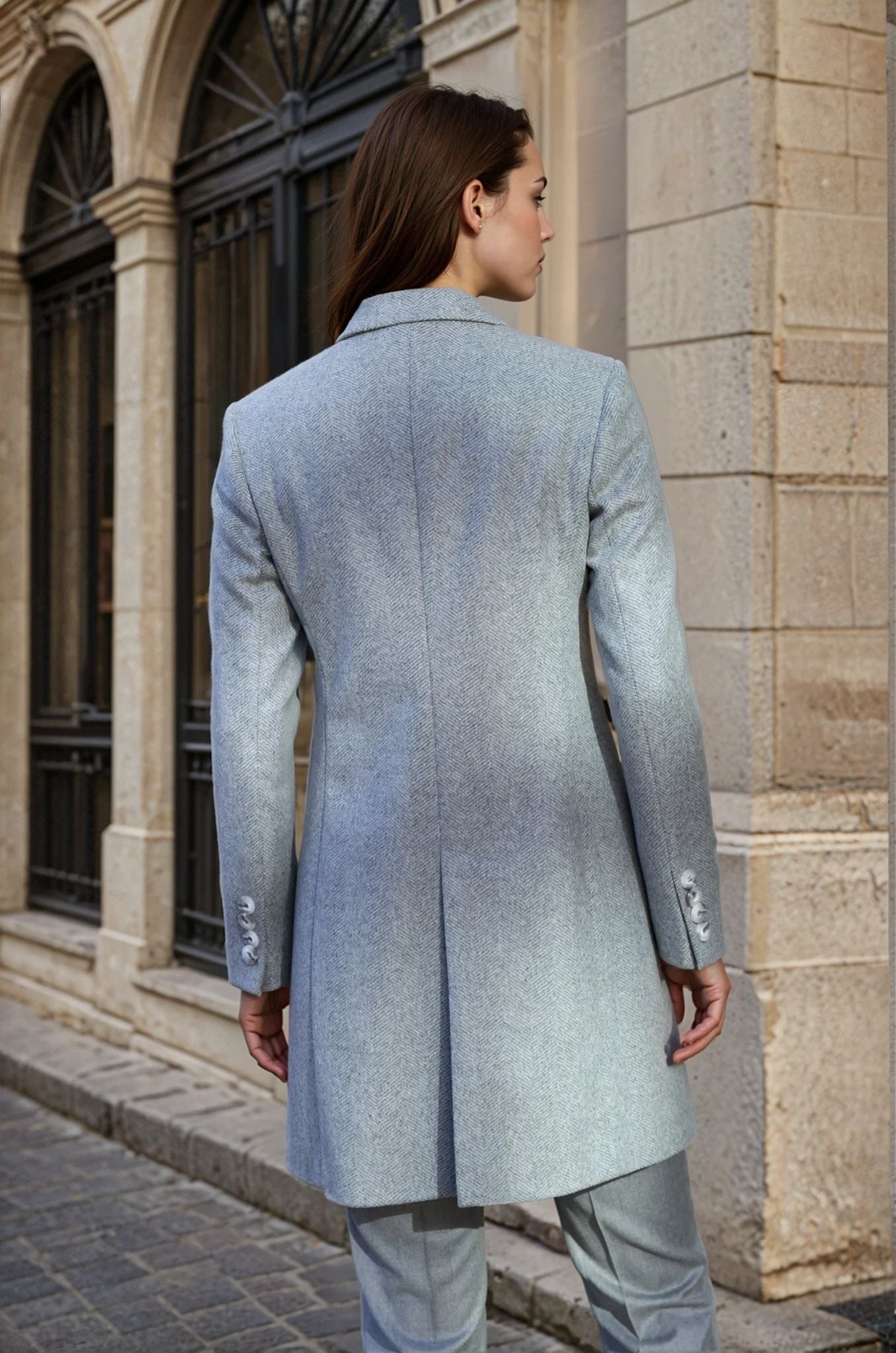 Manteau Jemma en laine et cachemire - Chevron gris clair-MANTEAU-Curling-Paris