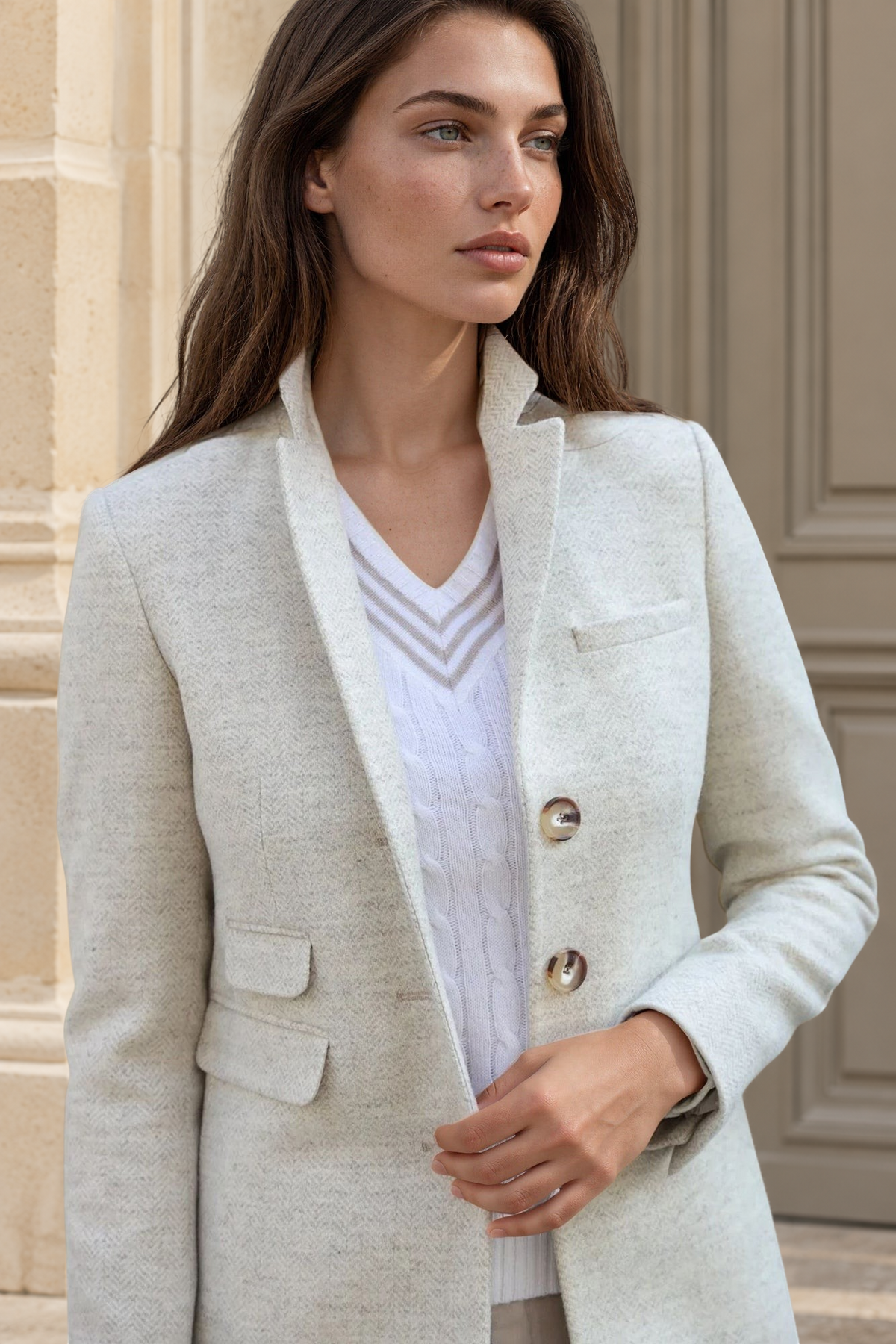 Manteau Jemma redingote 100% laine - Chevron écru-MANTEAU FEMME-Curling-Paris