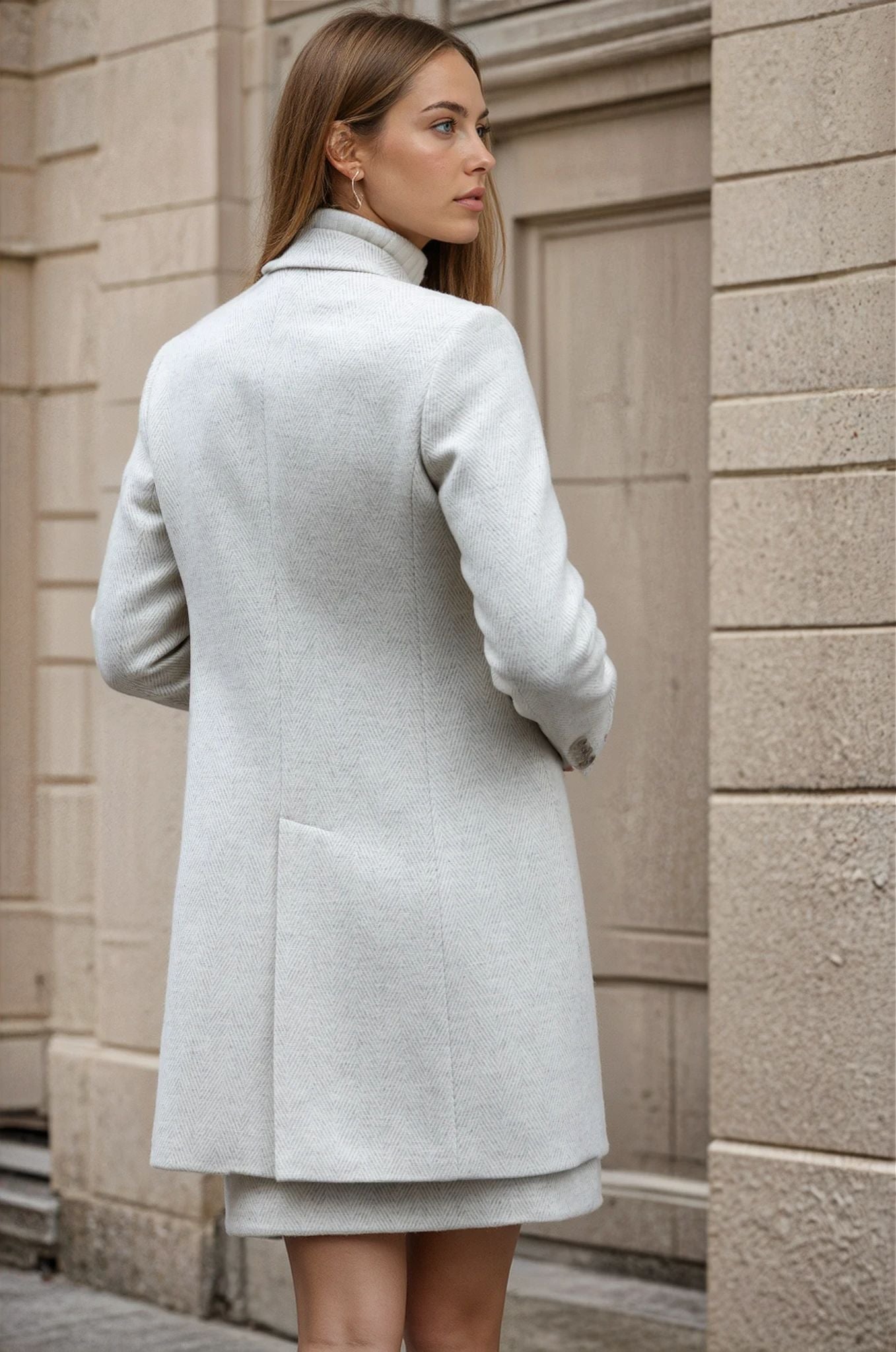 Manteau Jemma redingote 100% laine - Chevron écru-MANTEAU FEMME-Curling-Paris