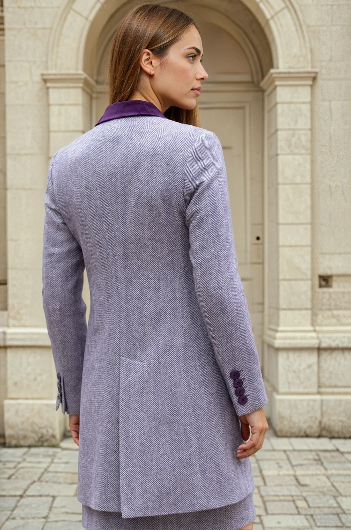 Manteau Jemma redingote 100% laine - Chevron prune-MANTEAU FEMME-Curling-Paris
