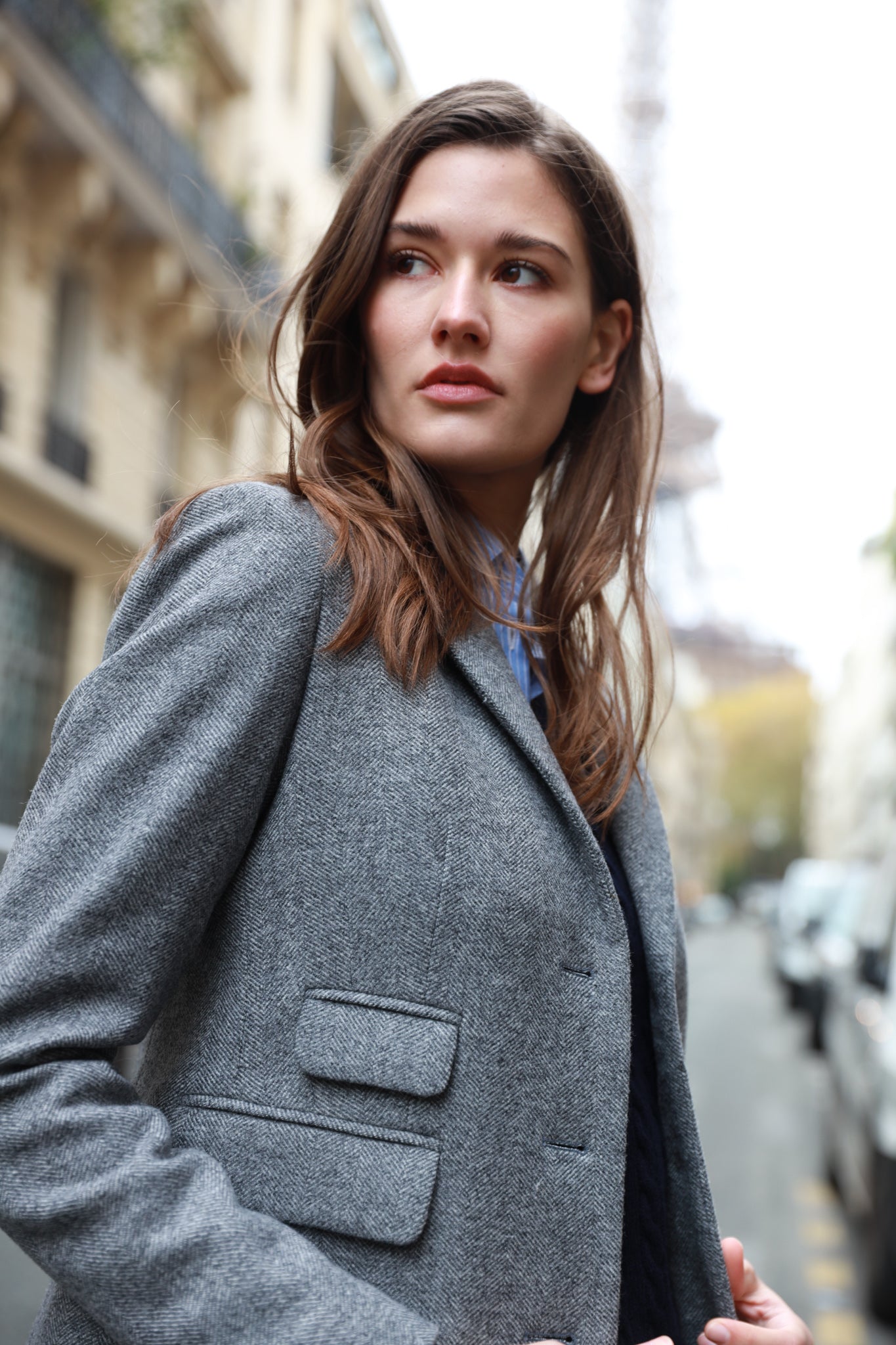 Manteau Jemma redingote en laine et Cachemire - Chevron Gris-MANTEAU FEMME-Curling-Paris