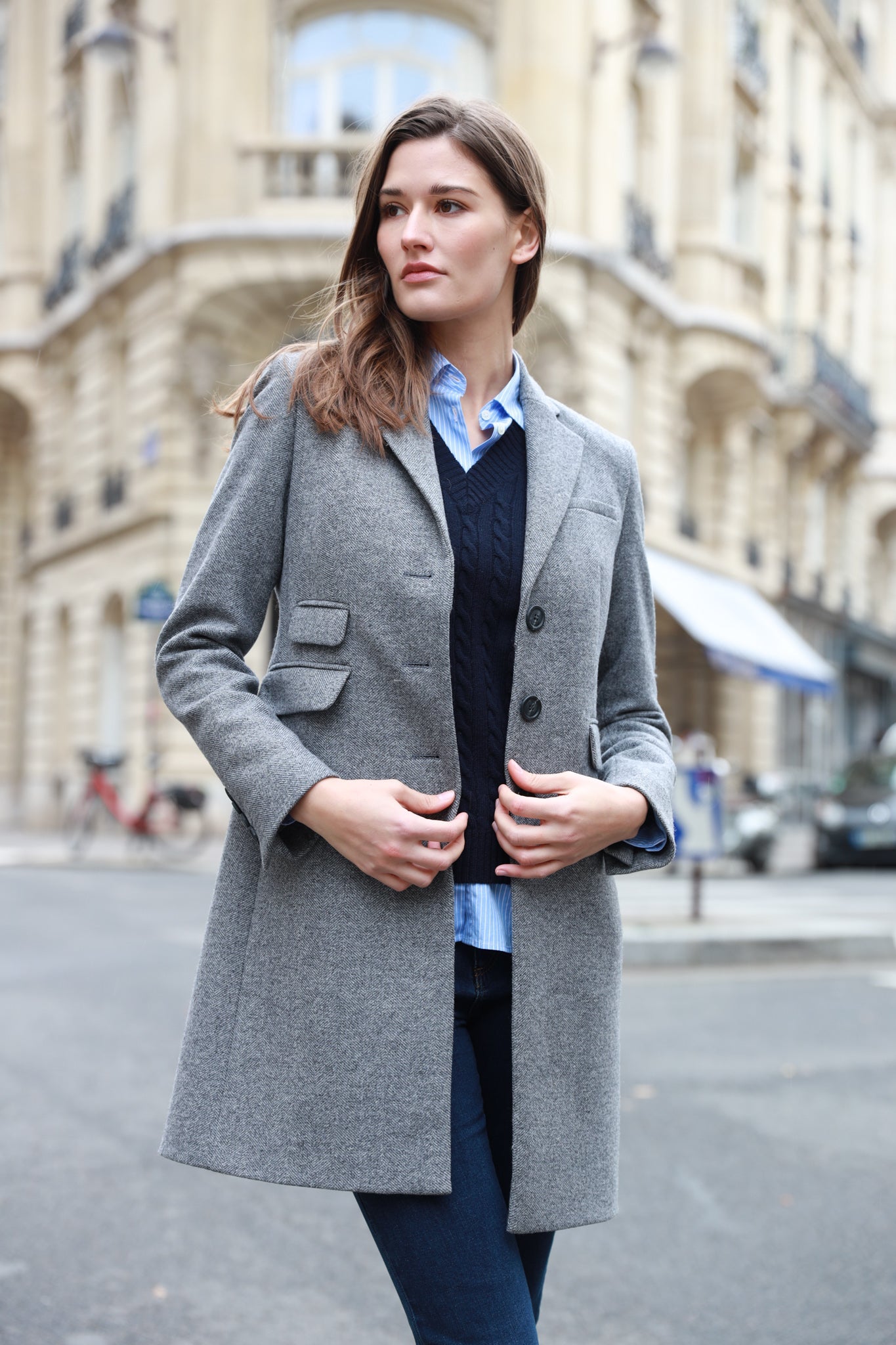 Manteau Jemma redingote en laine et Cachemire - Chevron Gris-MANTEAU FEMME-Curling-Paris