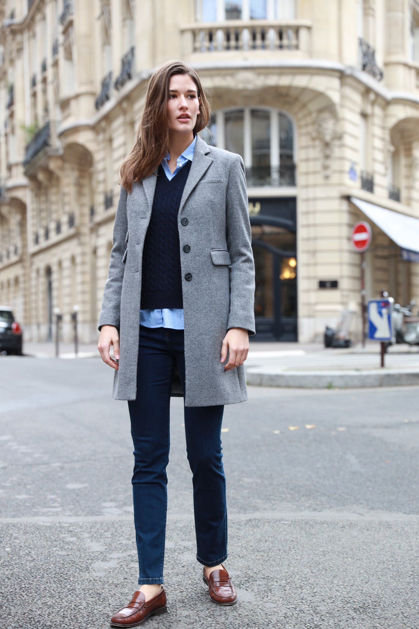 Manteau Jemma redingote en laine et Cachemire - Chevron Gris-MANTEAU FEMME-Curling-Paris