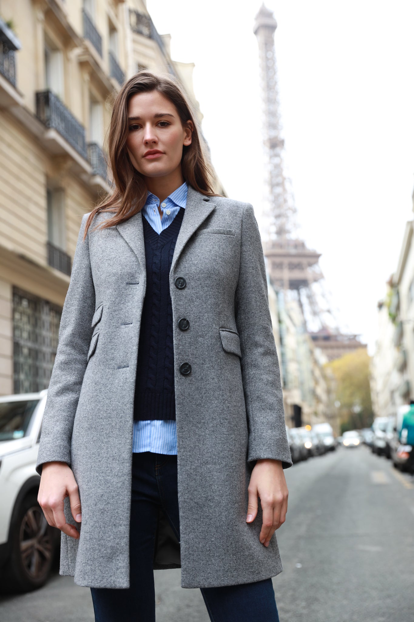 Manteau Jemma redingote en laine et Cachemire - Chevron Gris-MANTEAU FEMME-Curling-Paris