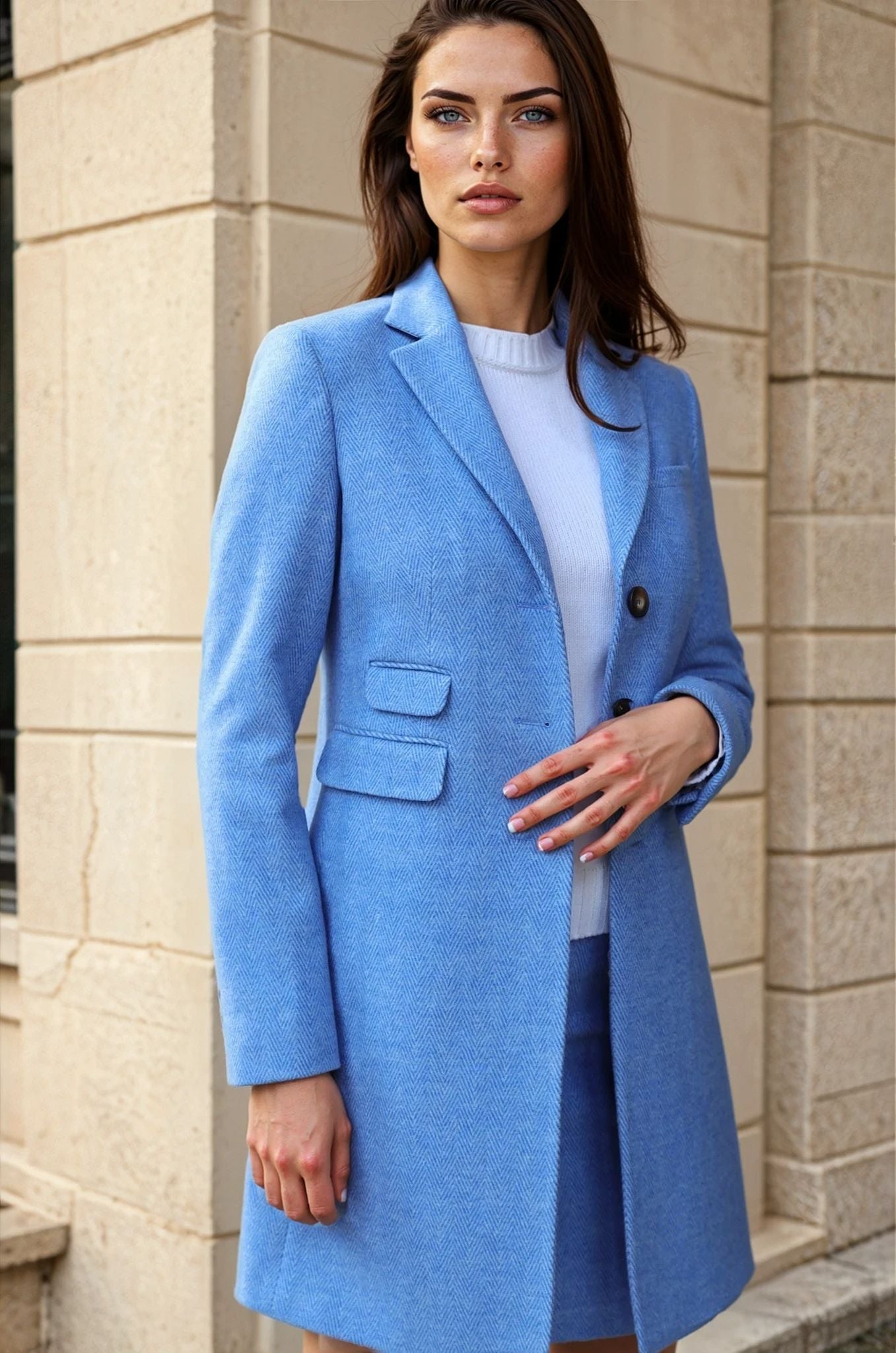 Manteau Jemma redingote en laine mélangée - Chevron ciel-MANTEAU FEMME-Curling-Paris