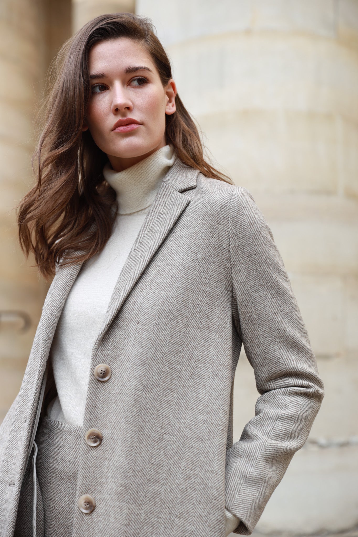 Manteau Léontine en Laine à chevron - Beige-MANTEAU FEMME-Curling-Paris