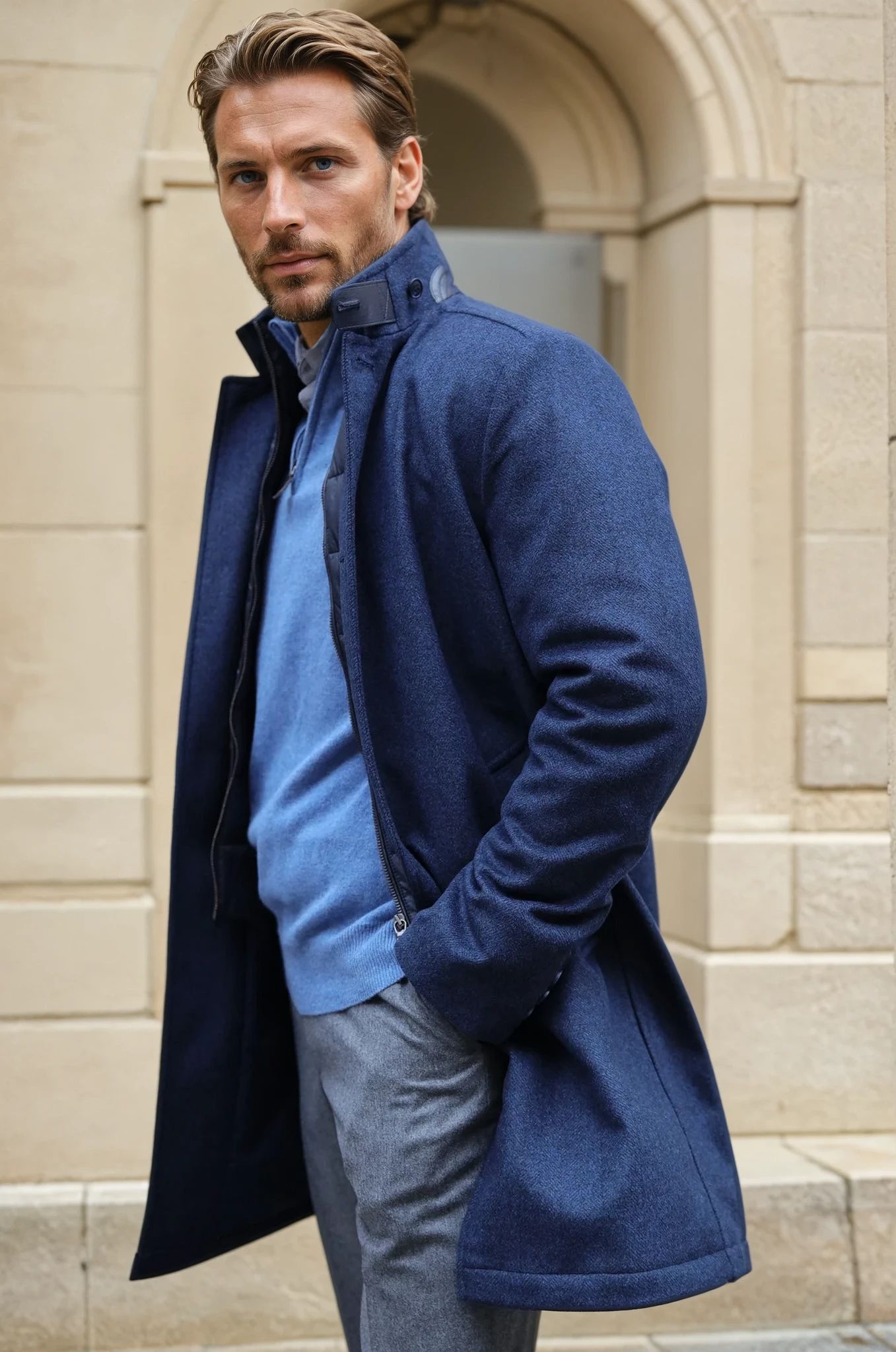 Manteau Windsor en laine & cachemire - chevron bleu-MANTEAU HOMME-Curling-Paris