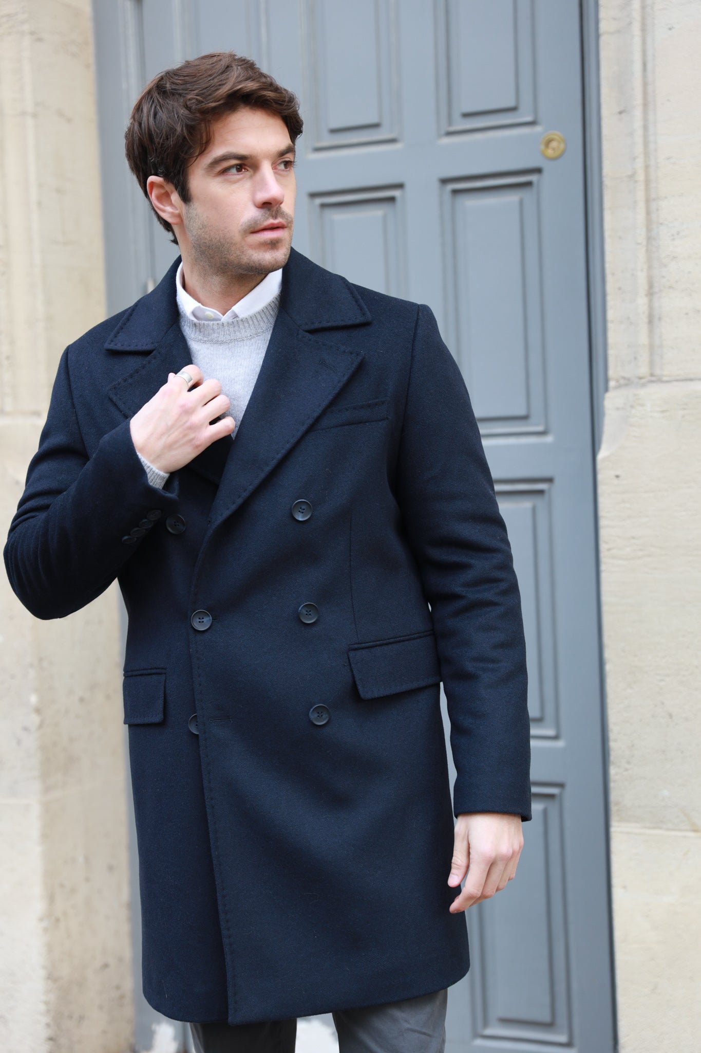 Manteau croisé en laine & cachemire - Marine-MANTEAU HOMME-Curling-Paris