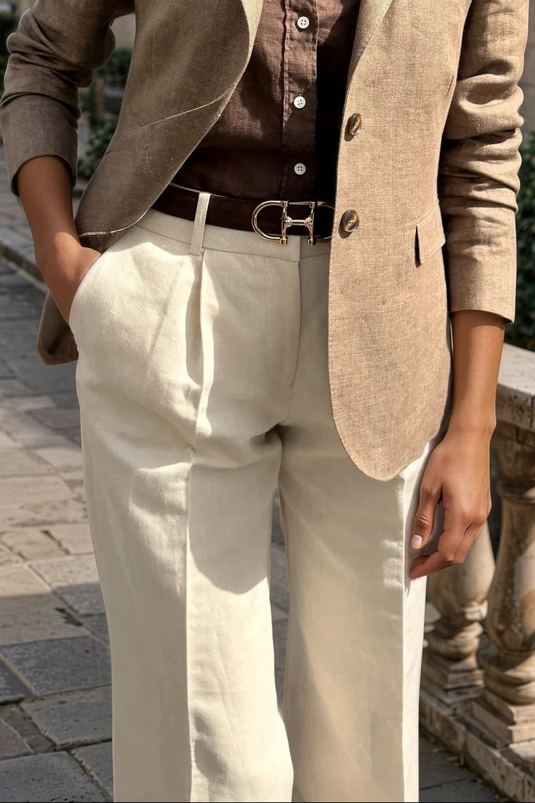 Pantalon Audrey à pinces en lin et coton - Beige clair-PANTALON FEMME-Curling-Paris