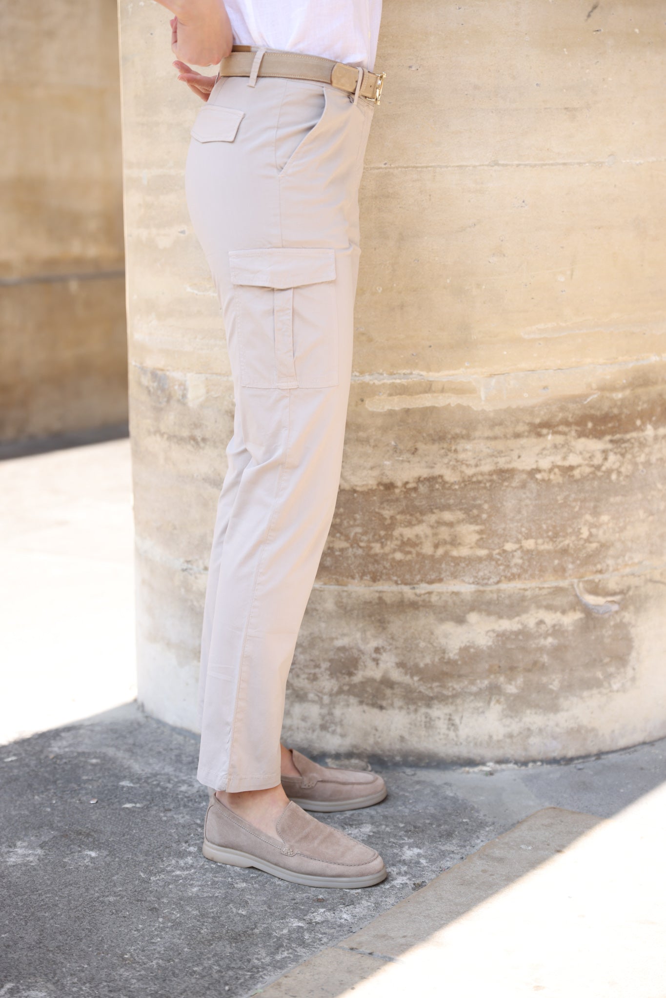Pantalon Cargo en popeline de coton stretch - Beige-PANTALON FEMME-Curling-Paris