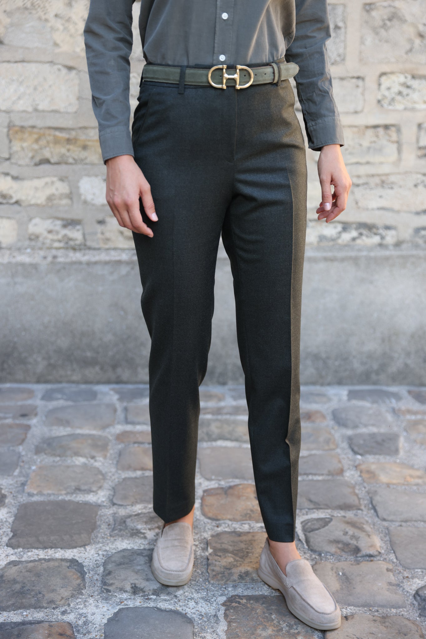 Pantalon Eliot en flanelle 100% laine vierge - Kaki-PANTALON FEMME-Curling-Paris