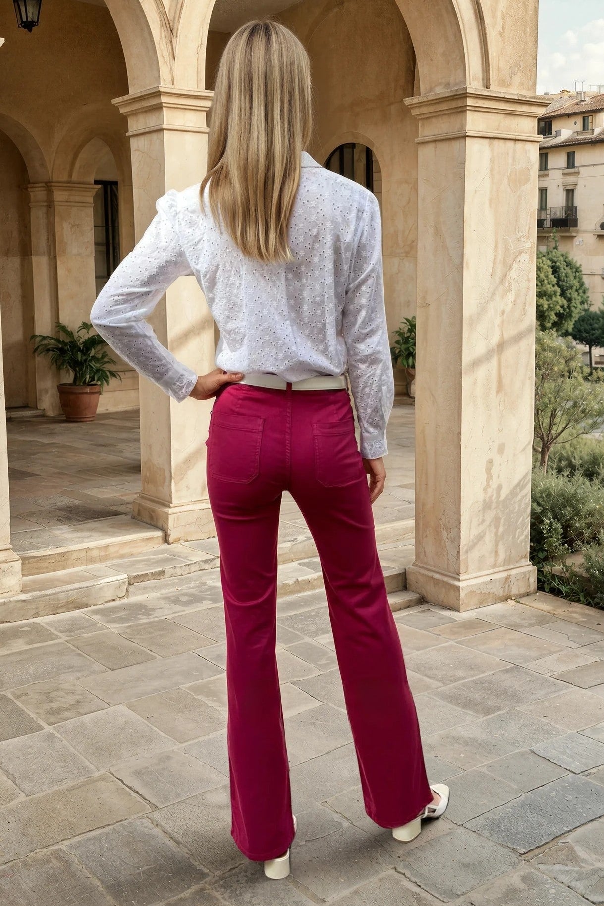 Pantalon Oscar en popeline de coton stretch - Groseille-PANTALON FEMME-Curling-Paris