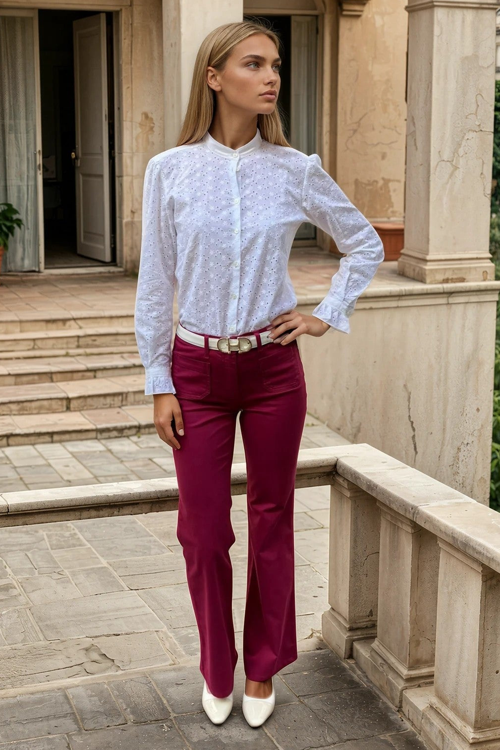 Pantalon Oscar en popeline de coton stretch - Groseille-PANTALON FEMME-Curling-Paris