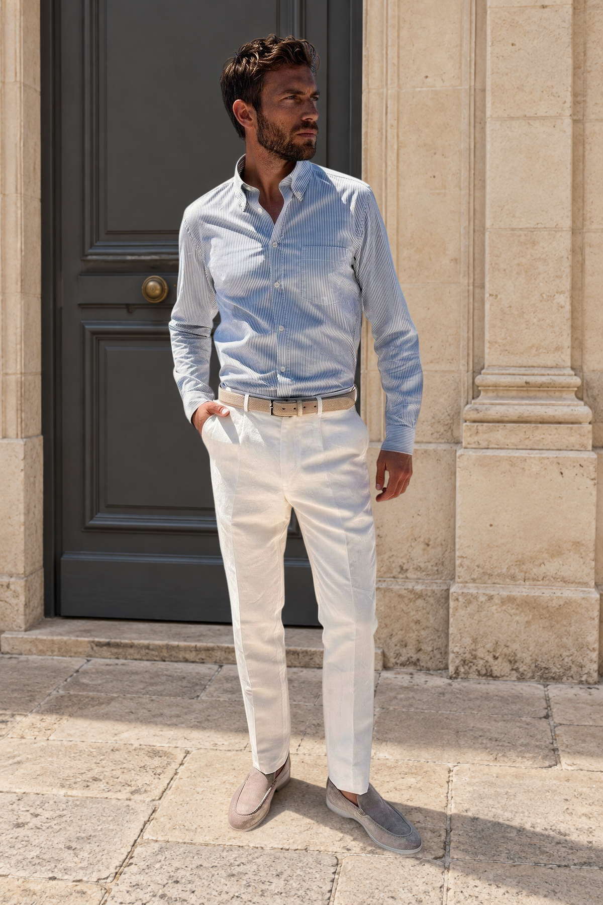 Pantalon à pinces Henri en lin et coton - Blanc-PANTALON HOMME-Curling-Paris