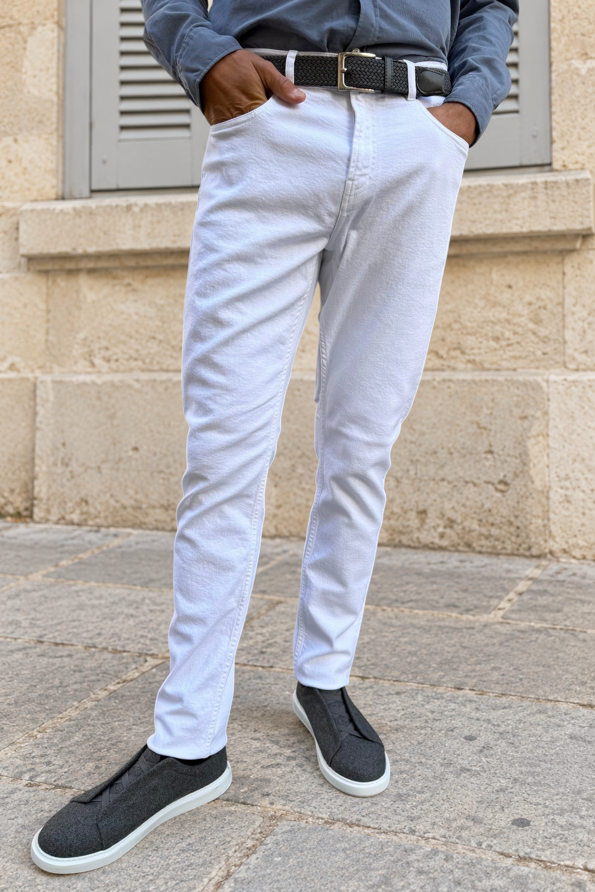 Pantalons James cinq poches en coton stretch - Blanc-PANTALON HOMME-Curling-Paris