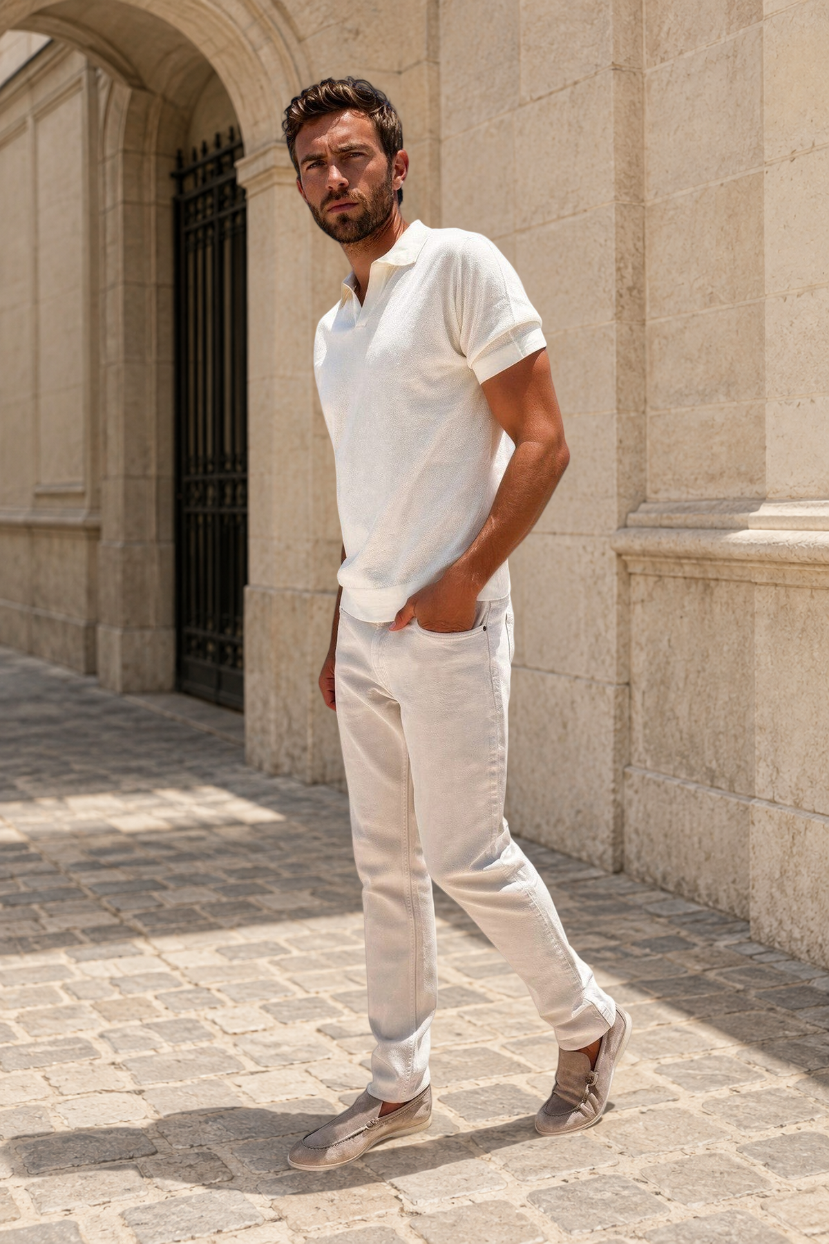 Pantalons James cinq poches en coton stretch - Ciment-PANTALON HOMME-Curling-Paris