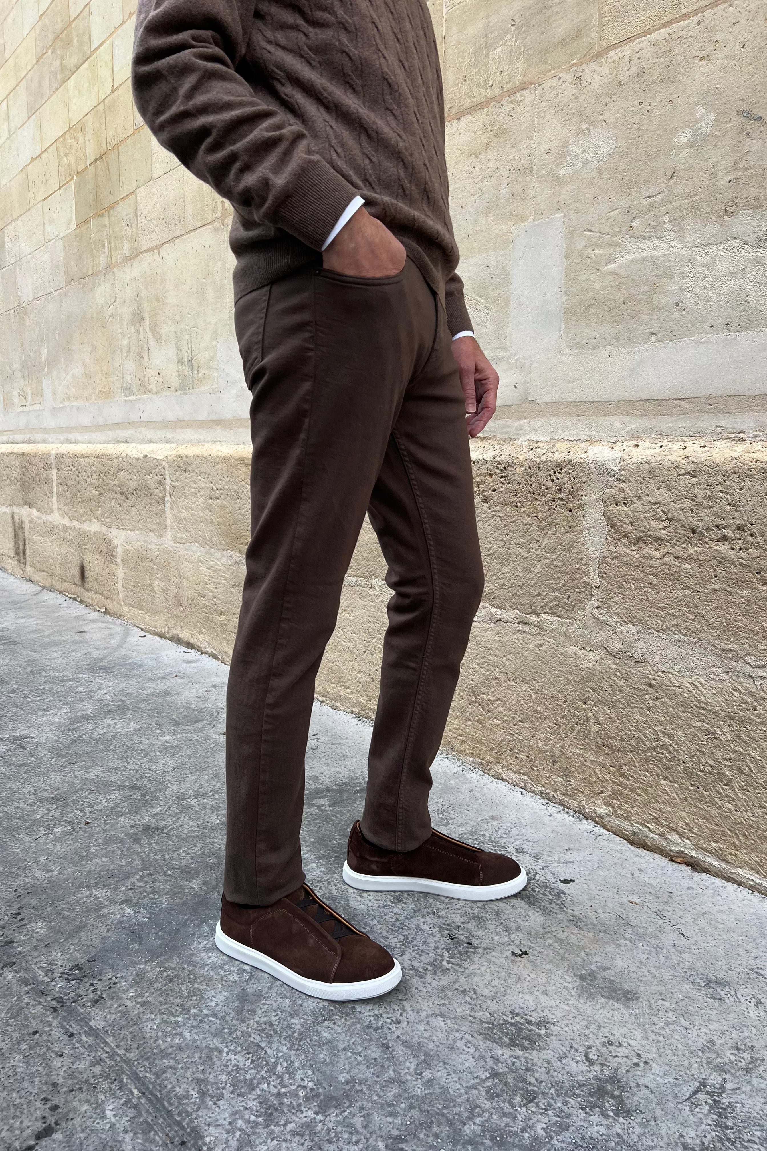 Pantalons James cinq poches en coton stretch - Marron-PANTALON HOMME-Curling-Paris