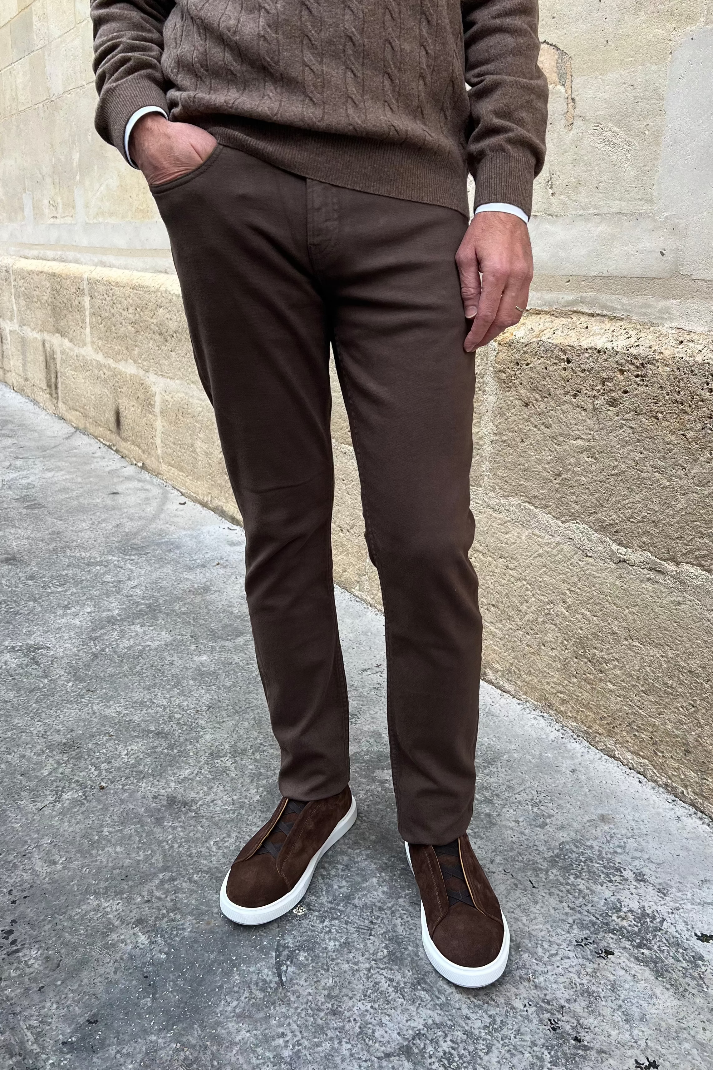 Pantalons James cinq poches en coton stretch - Marron-PANTALON HOMME-Curling-Paris