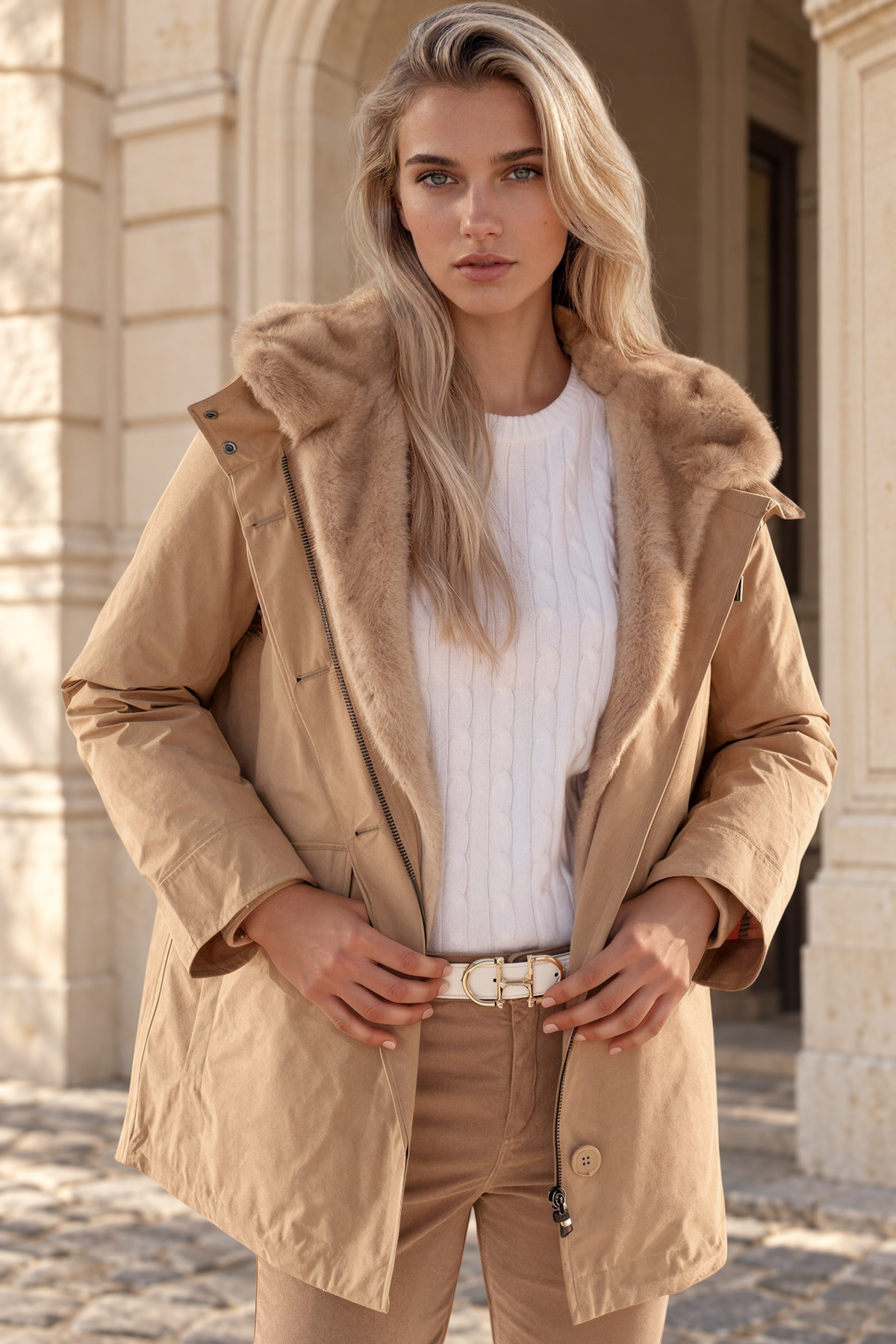 Parka Patricia 2 en 1 en plume et éco fourrure - Camel clair-MANTEAU FEMME-Curling-Paris