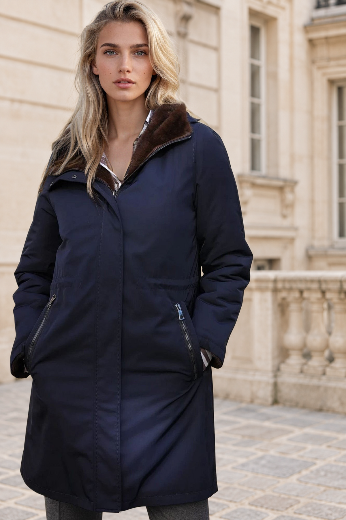 Parka réversible Camille en nylon & éco-fourrure – Marine / Marron-MANTEAU FEMME-Curling-Paris