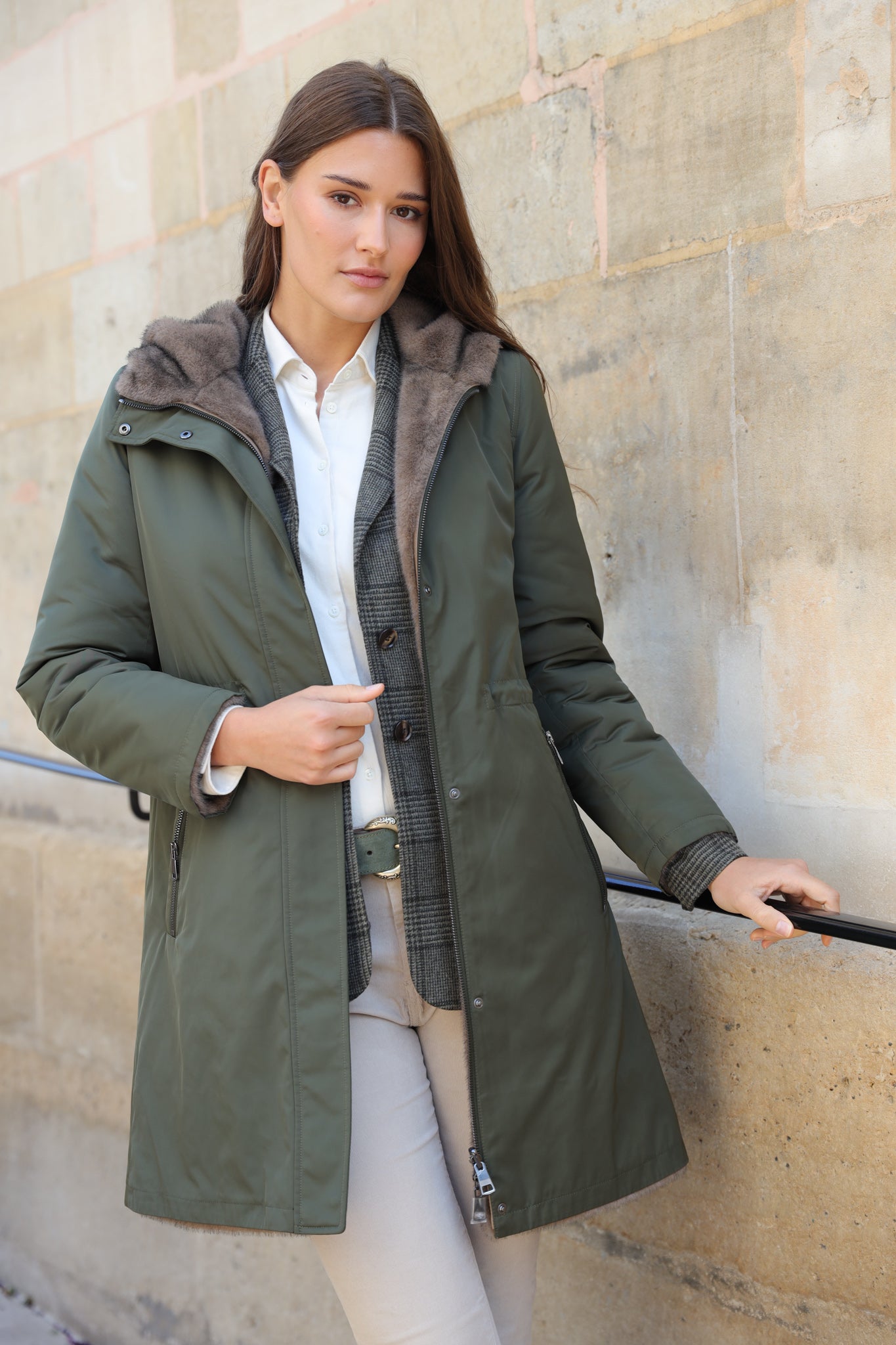 Parka réversible Camille en nylon et éco fourrure - Kaki / Moka-MANTEAU FEMME-Curling-Paris