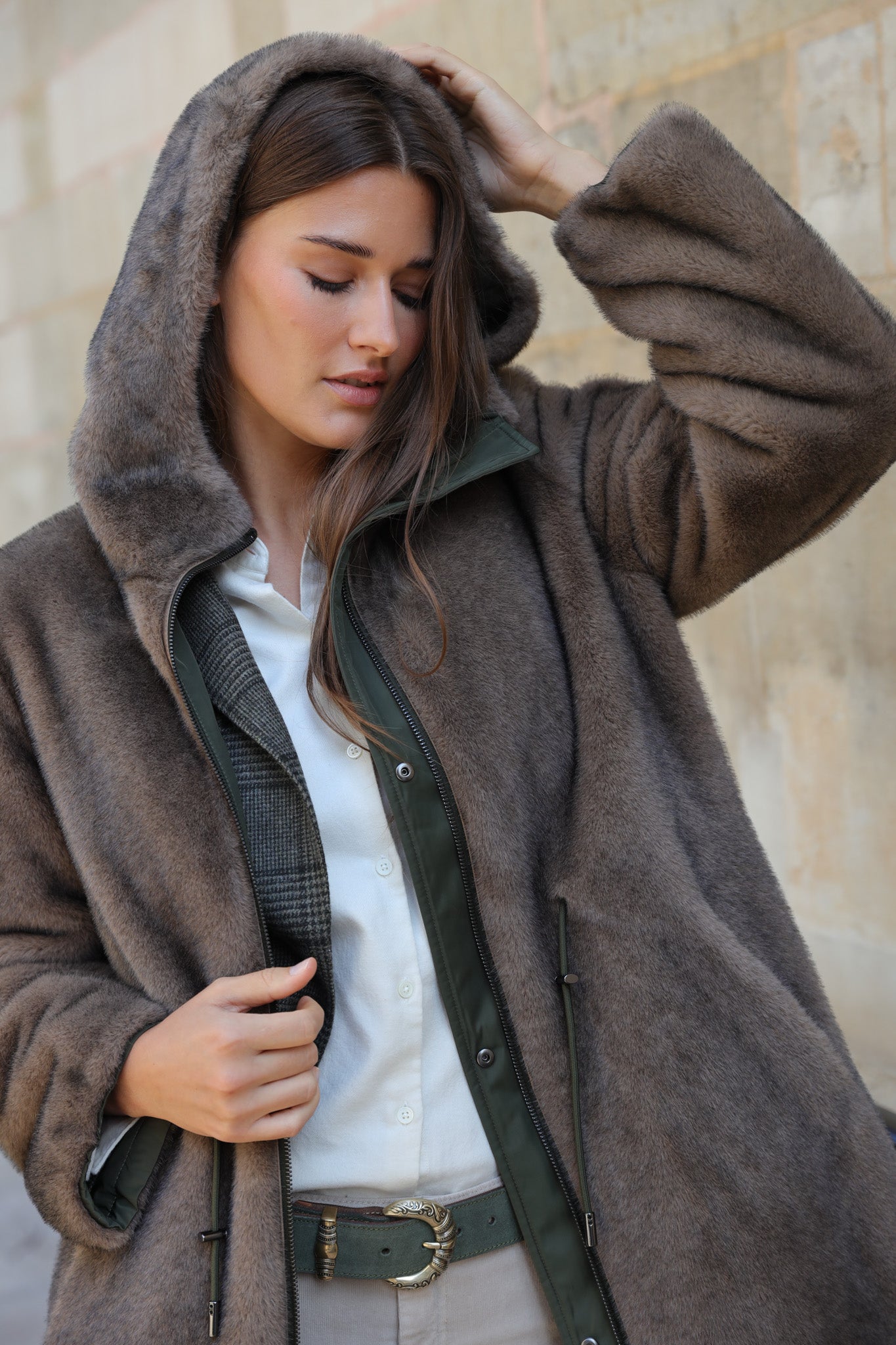 Parka réversible Camille en nylon et éco fourrure - Kaki / Moka-MANTEAU FEMME-Curling-Paris