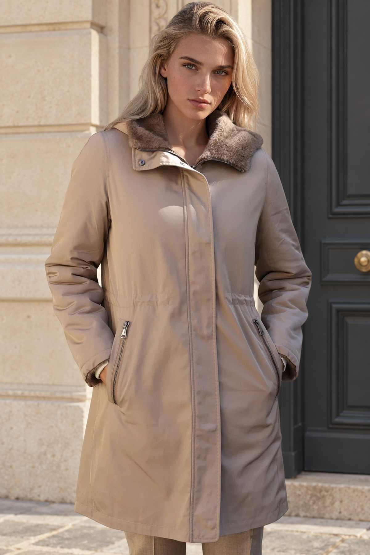 Parka réversible Camille en nylon et éco fourrure - Taupe / Moka-MANTEAU FEMME-Curling-Paris