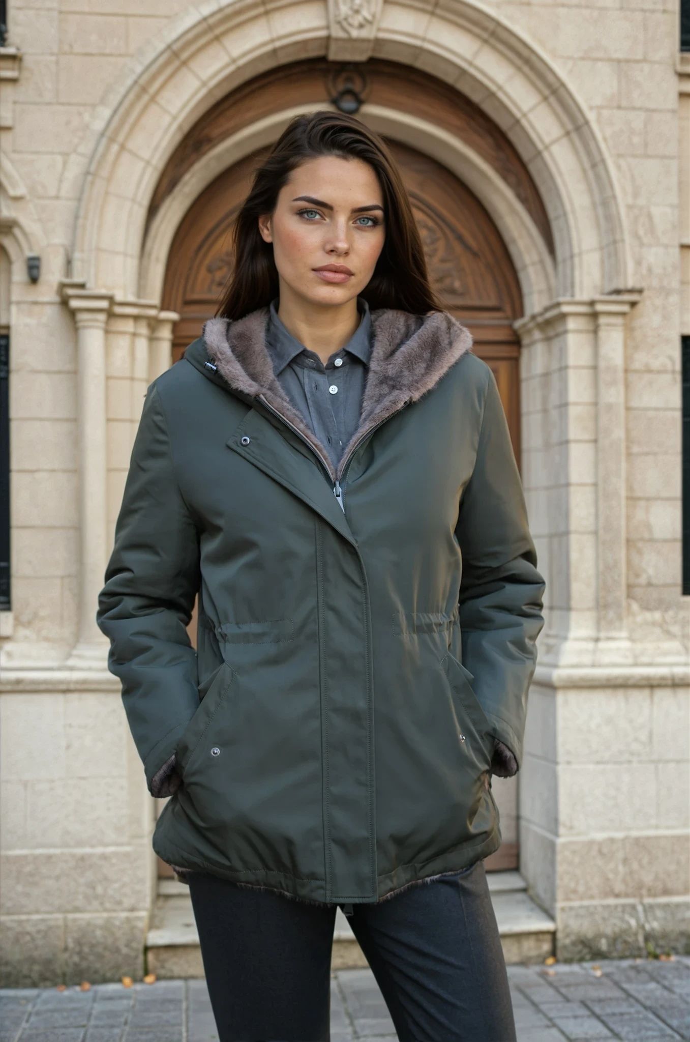 Parka réversible Kate en nylon et éco fourrure - Kaki / Moka-MANTEAU FEMME-Curling-Paris