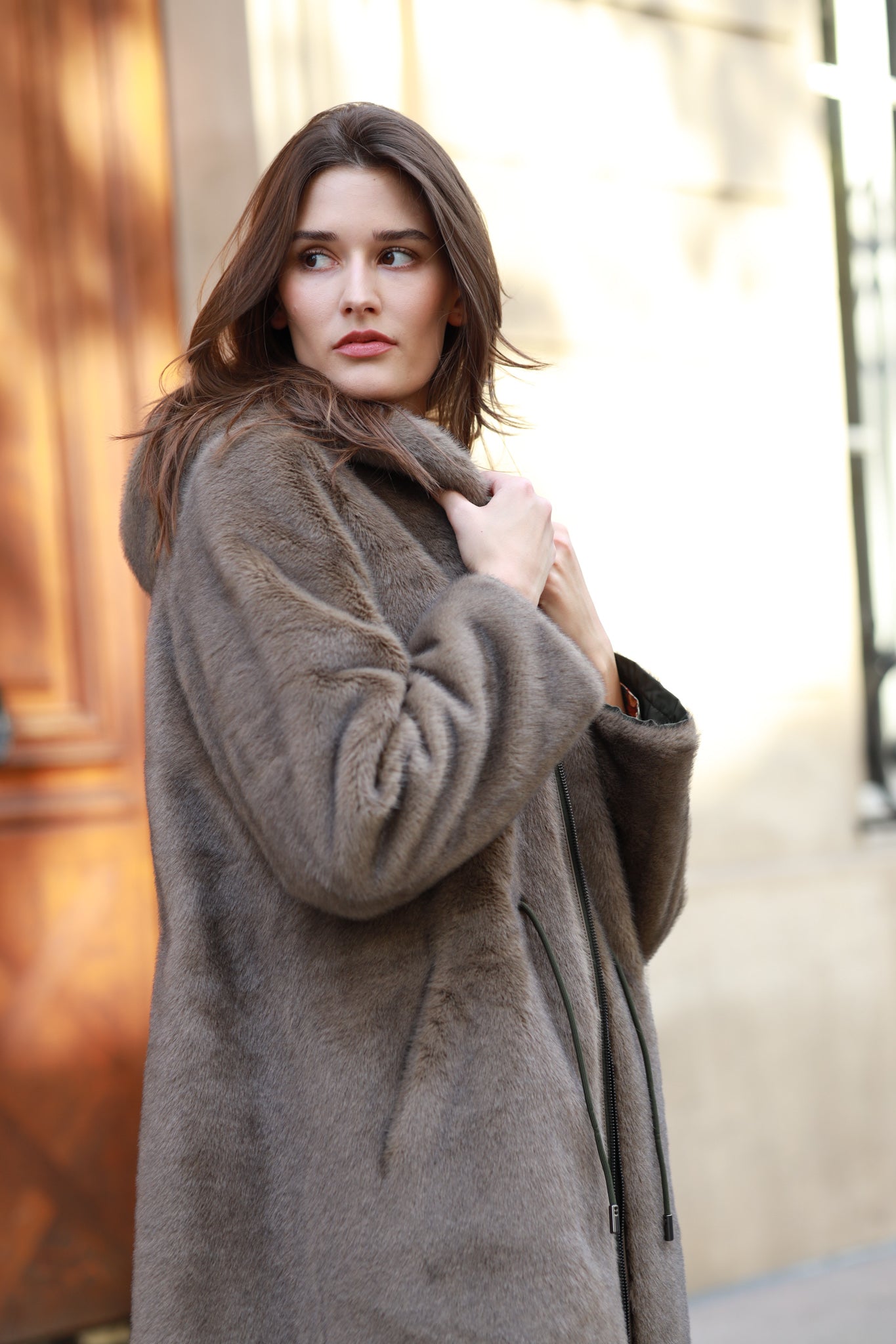 Parka réversible fourrure éco vison & nylon - kaki-MANTEAU FEMME-Curling-Paris