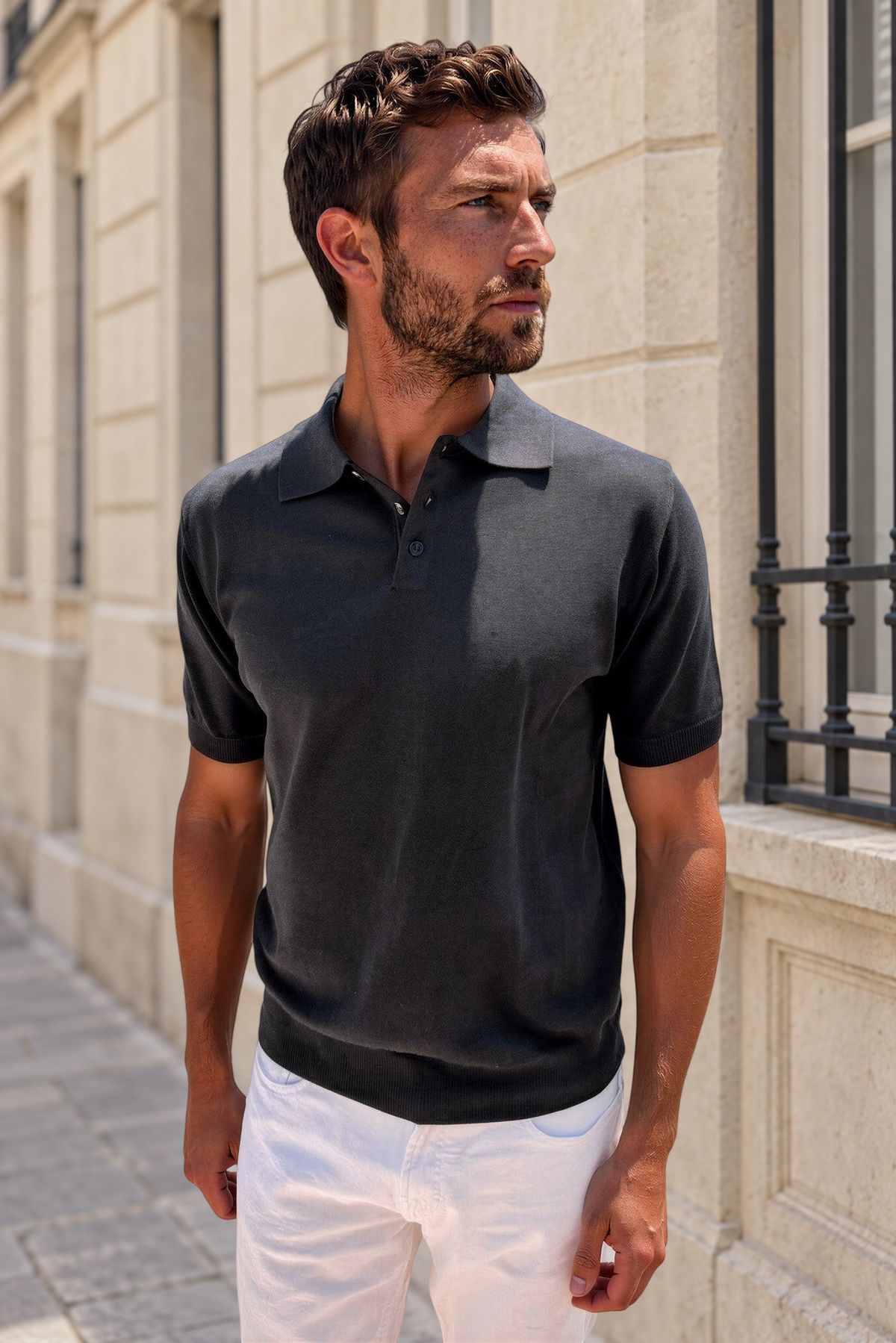 Polo Gabriel en maille de coton - Noir-POLO HOMME-Curling-Paris