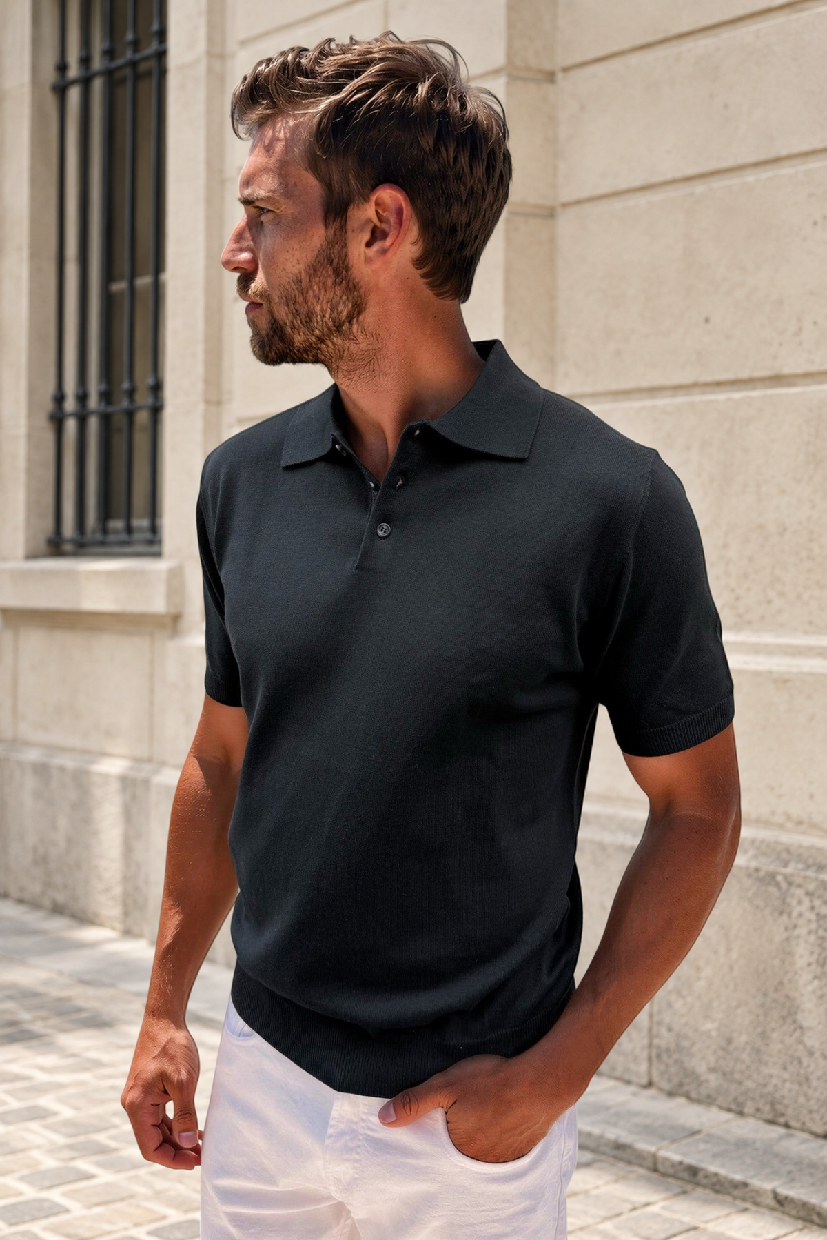 Polo Gabriel en maille de coton - Noir-POLO HOMME-Curling-Paris